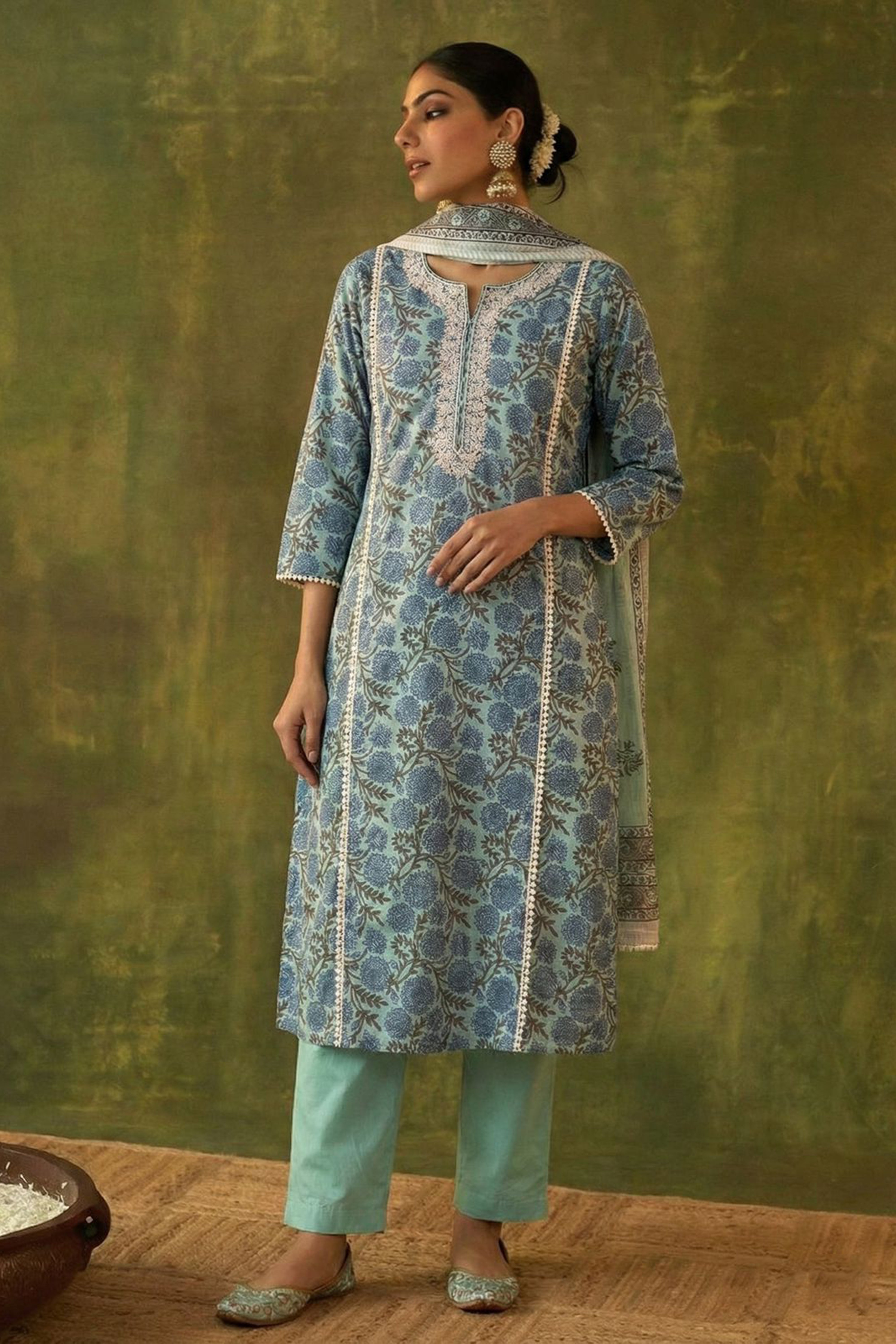 Sky Blue Floral Suit Set with Kota Doria Dupatta