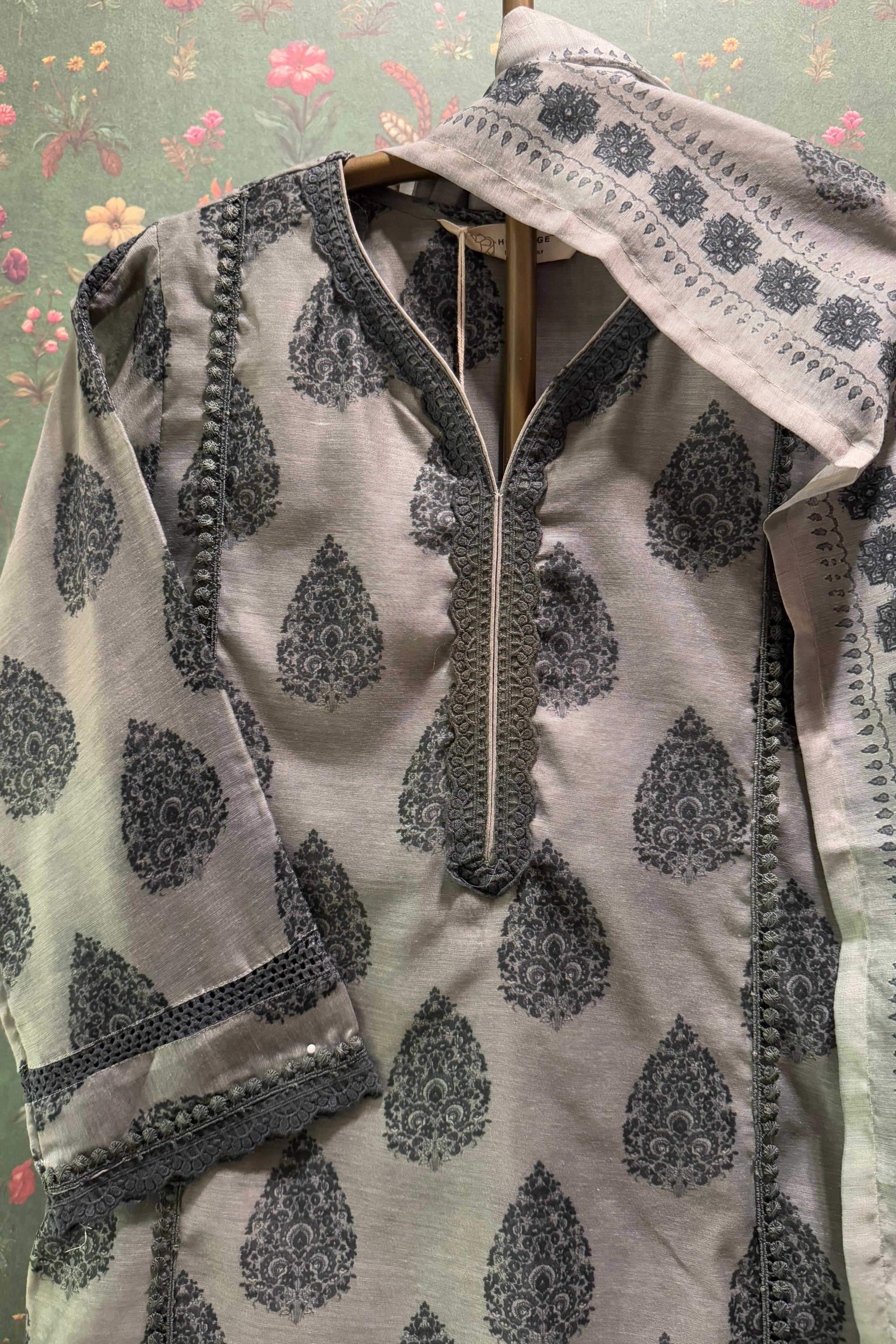 Tehzeeb Charcoal Sage Green Chanderi Suit Set | HER-411