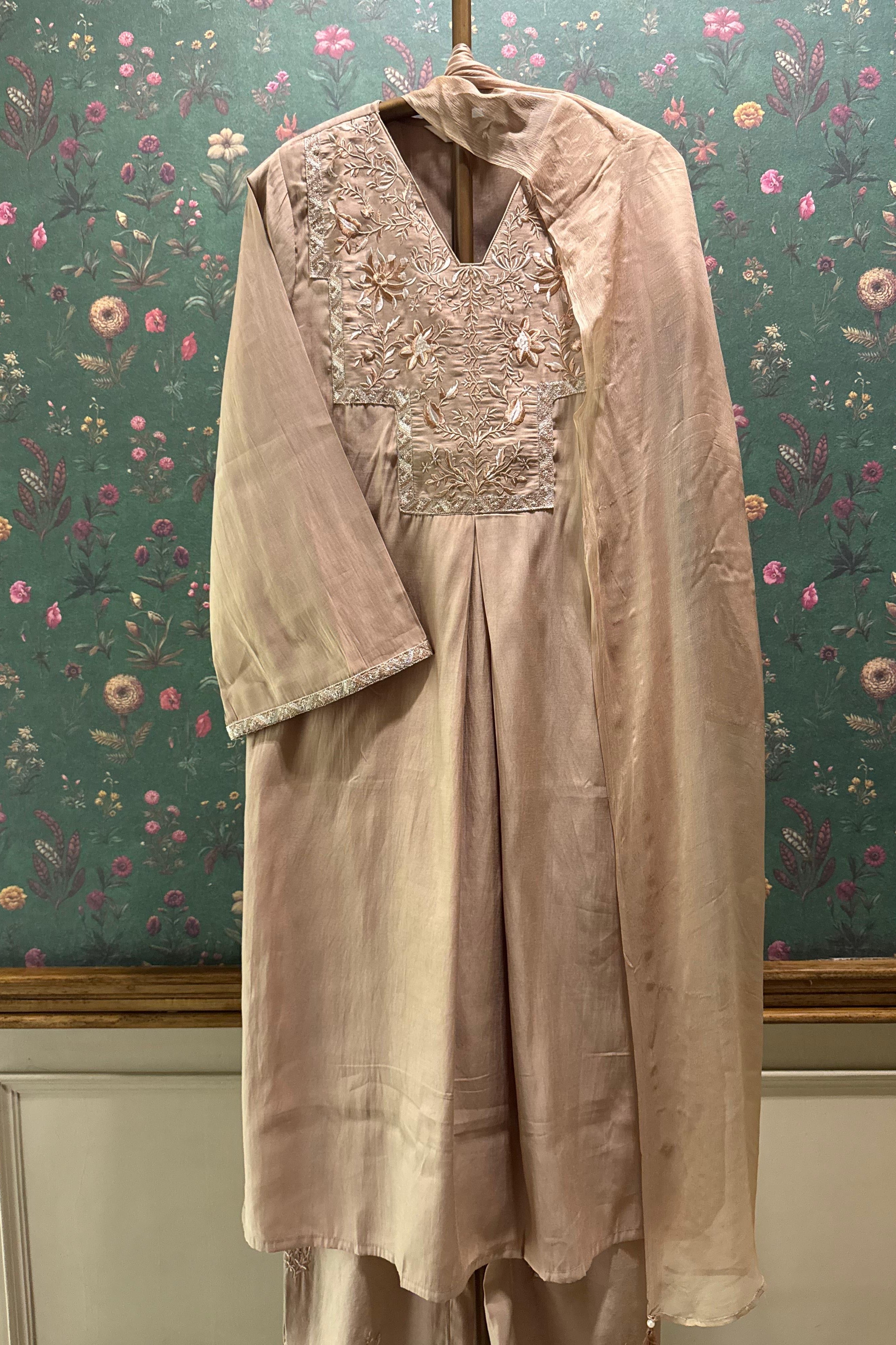 Saanjh Blush Nude Modal Silk Embroidered Suit Set | HER-554