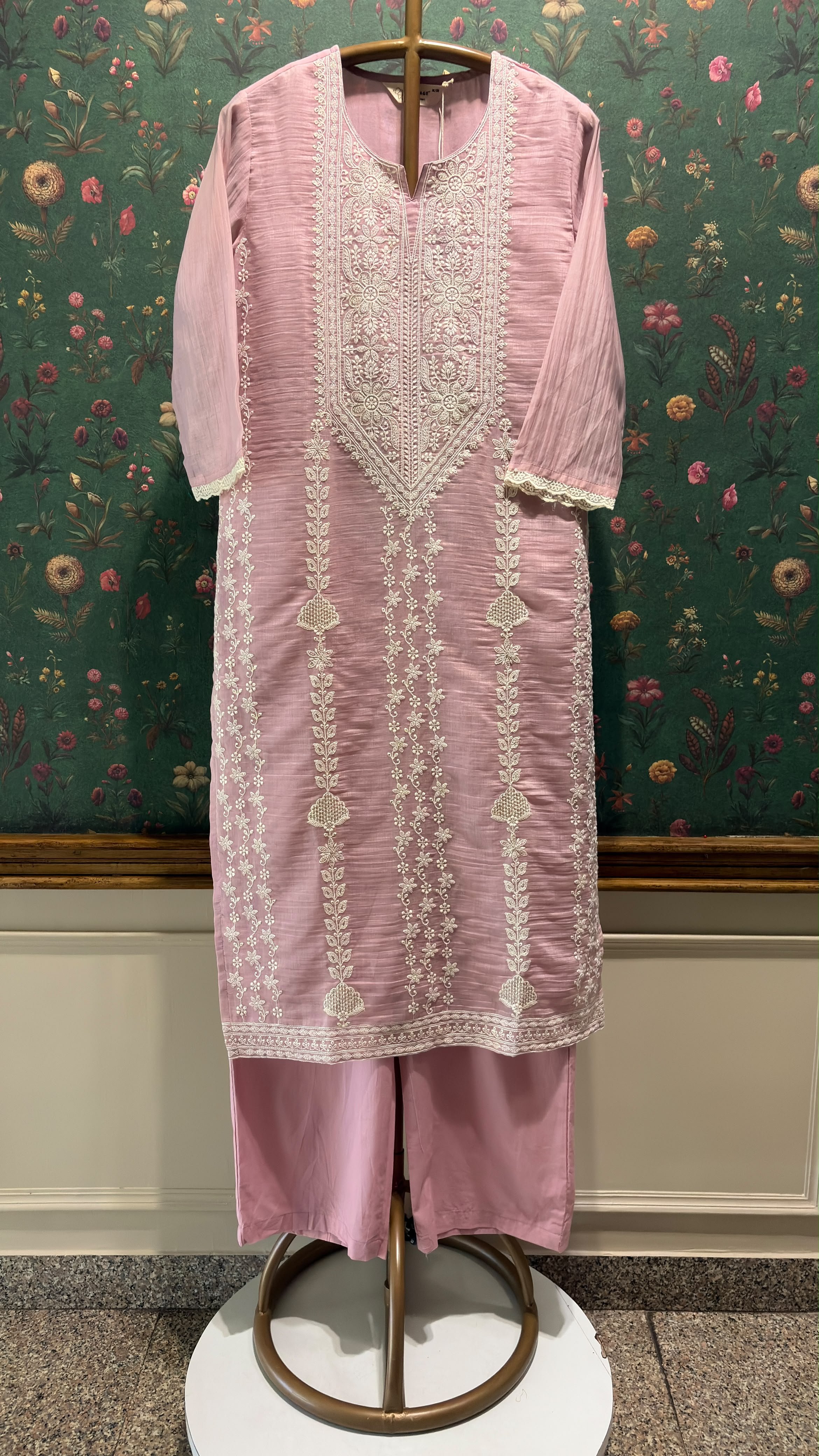 Rose Pink Embroidered Mul-Chanderi Suit Set | HER-786