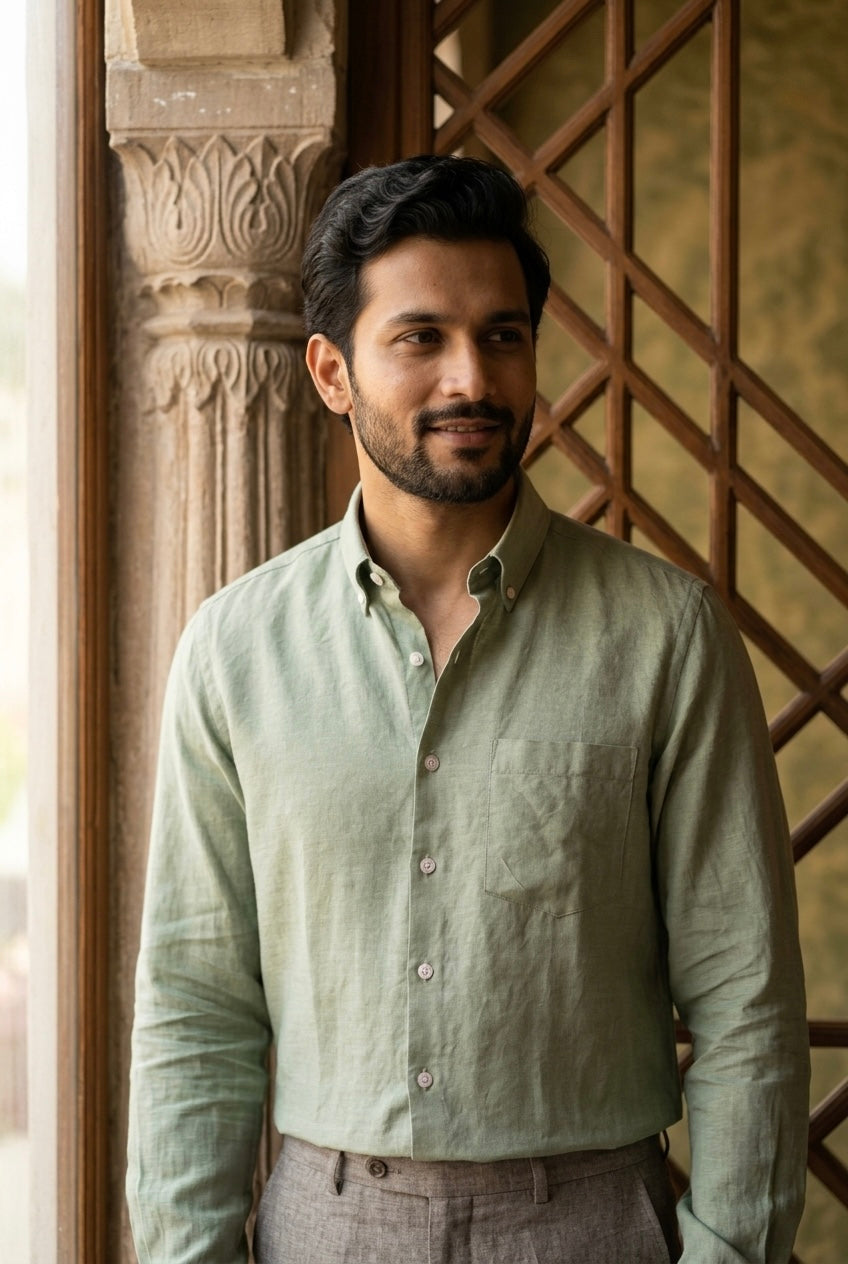 Men’s Sage Green Pure Linen Full Sleeves Shirt