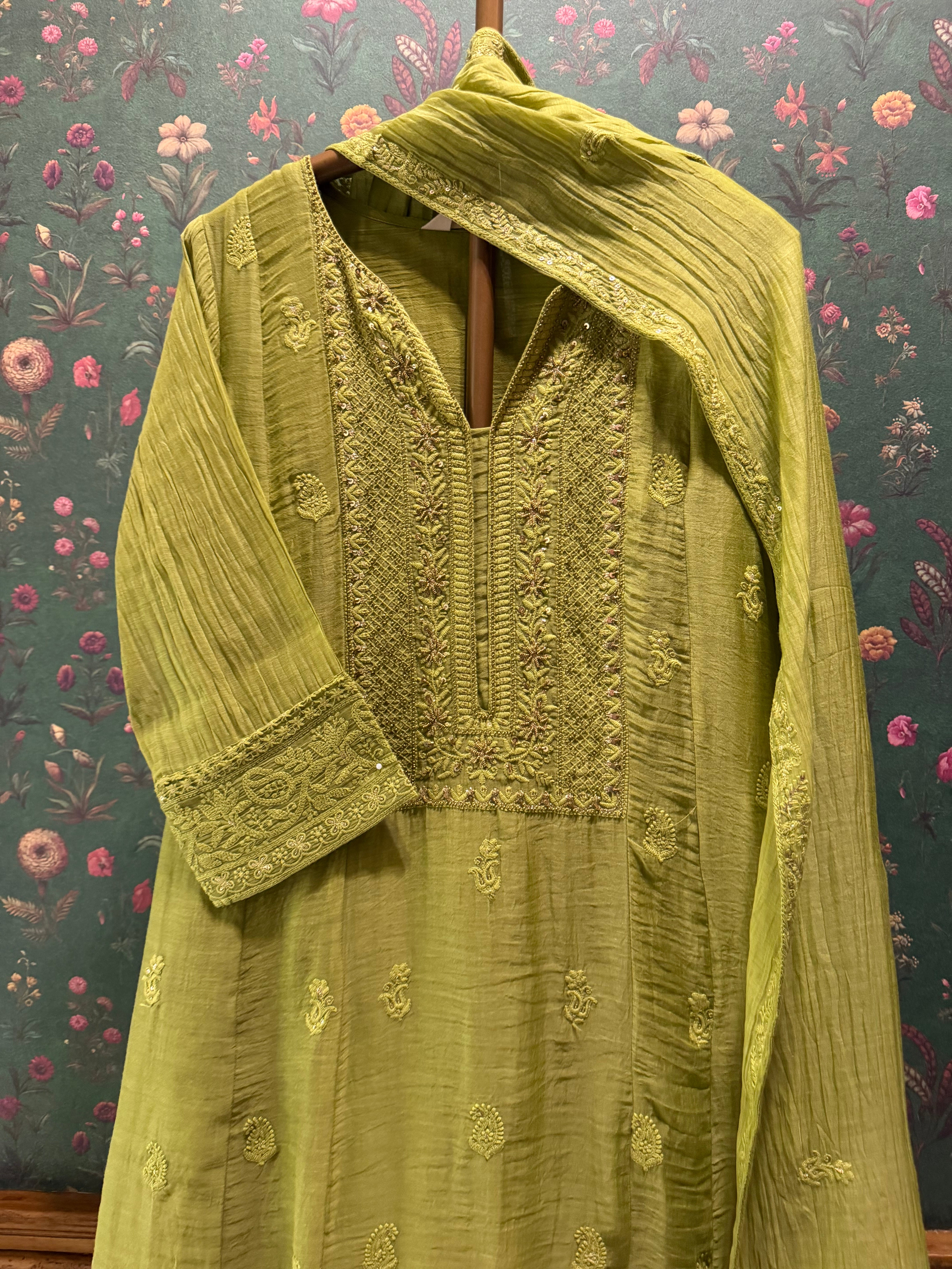 Mehndi Green Chikankari A-Line Mul Chanderi Suit Suit Set | HER-627