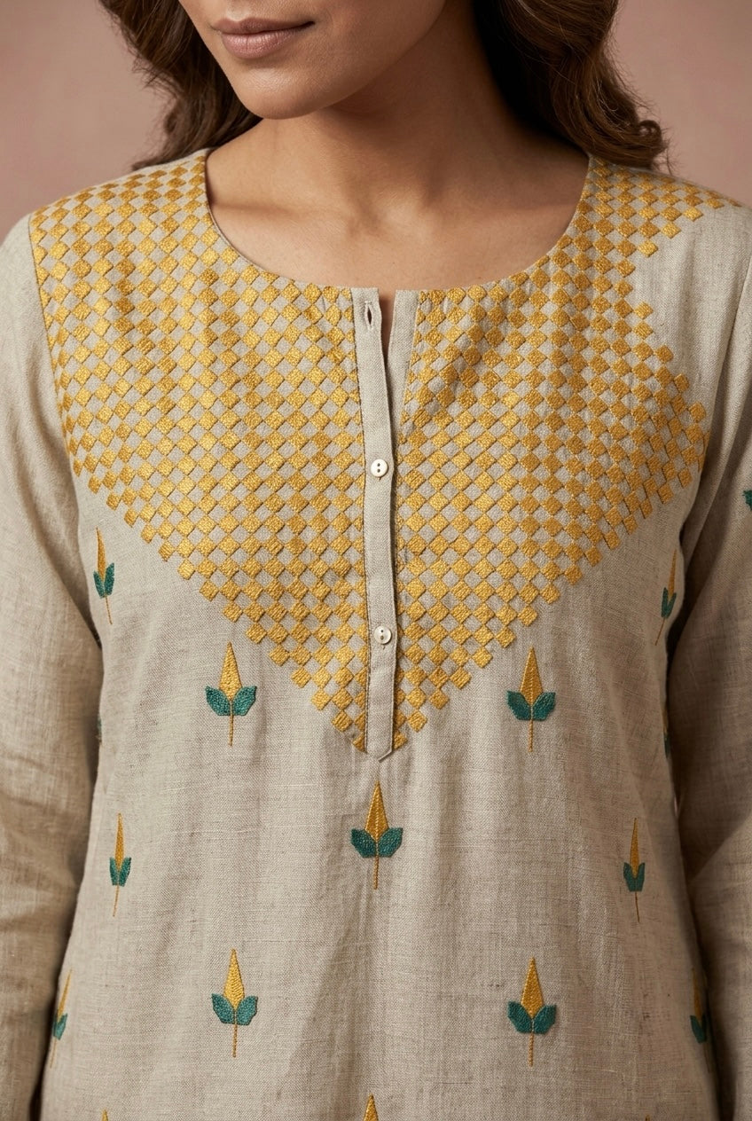 Ivory Beige and Mustard Yellow Embroidered Pure Chanderi Suit Set