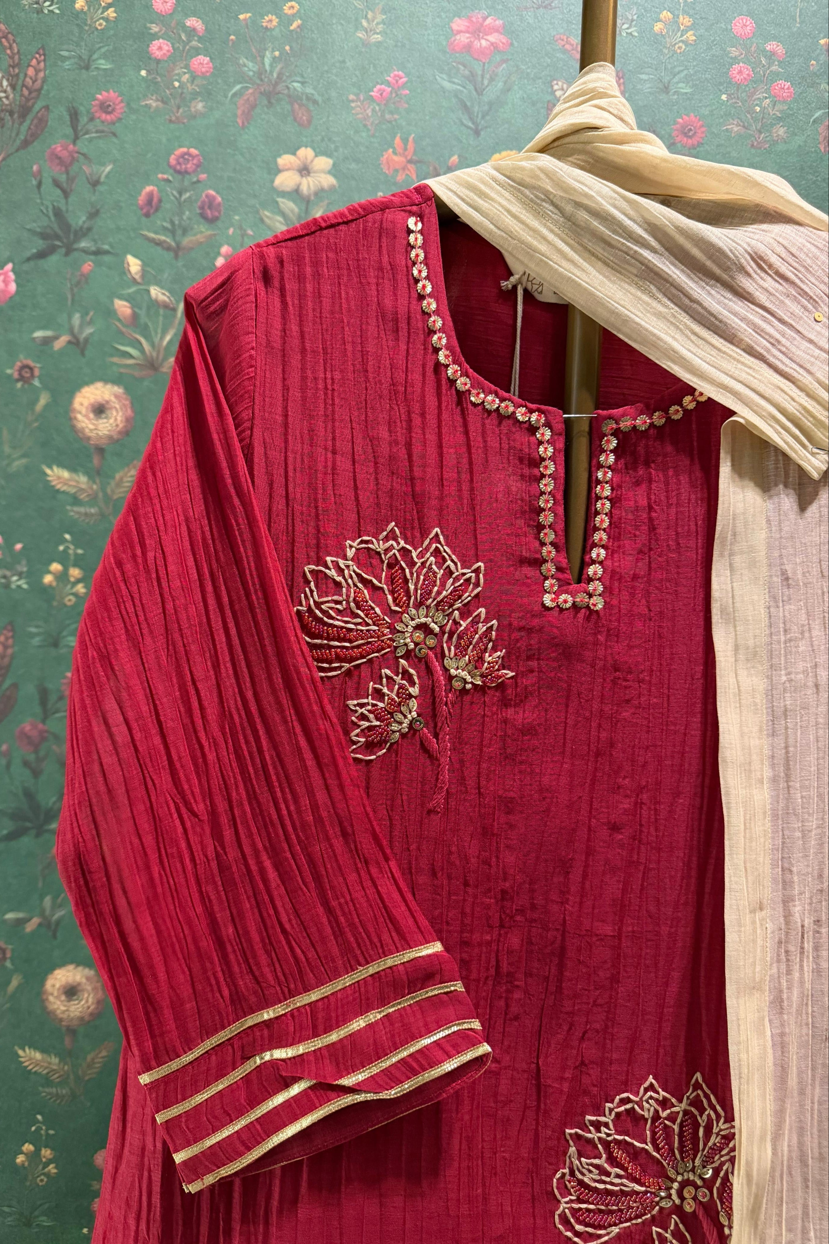 Gulbahaar Ruby Red Embroidered Suit Set | HER-624 PINK