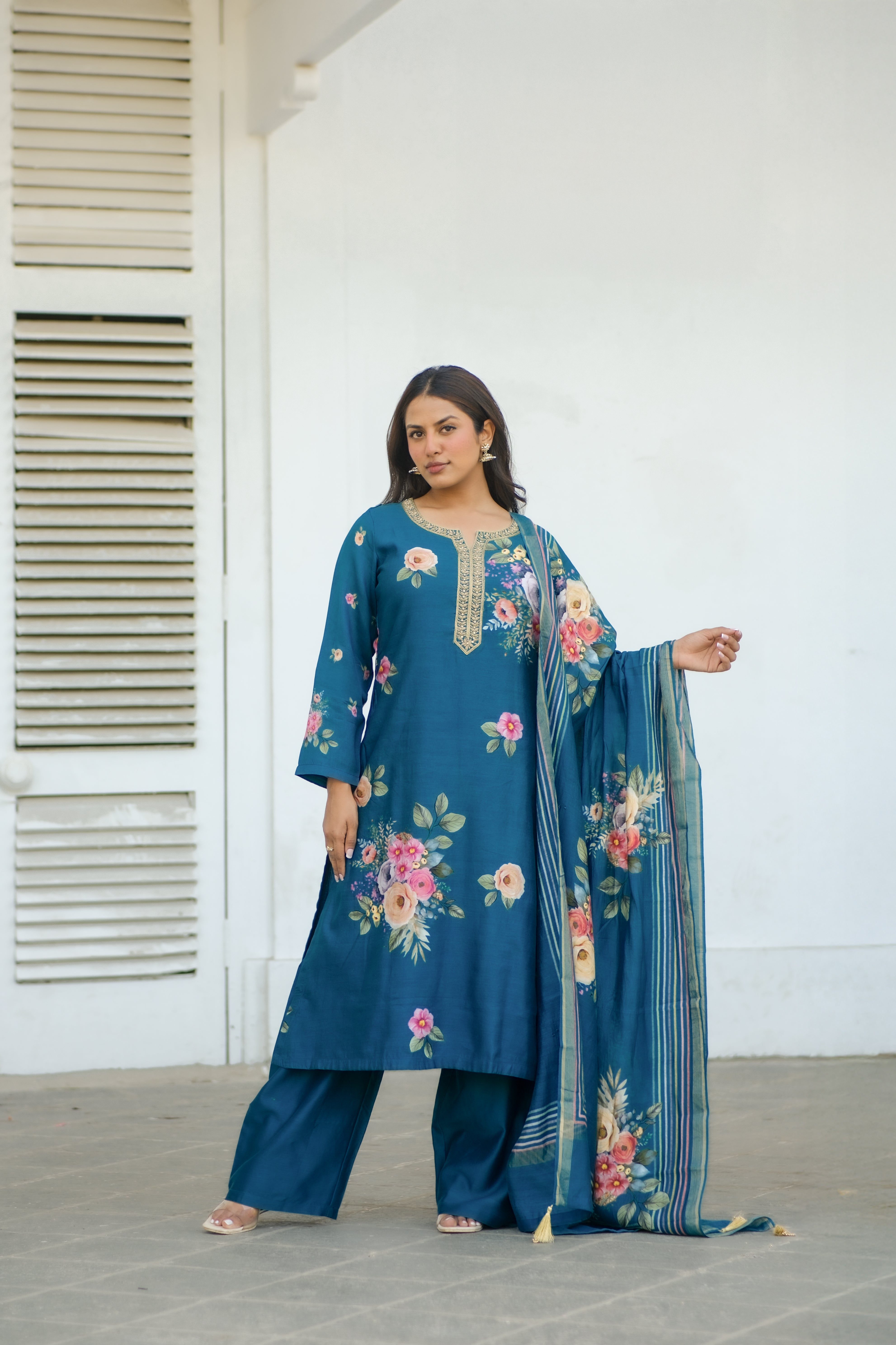 Emerald Teal Blue Floral Chanderi Suit Set x Celina | HER-606