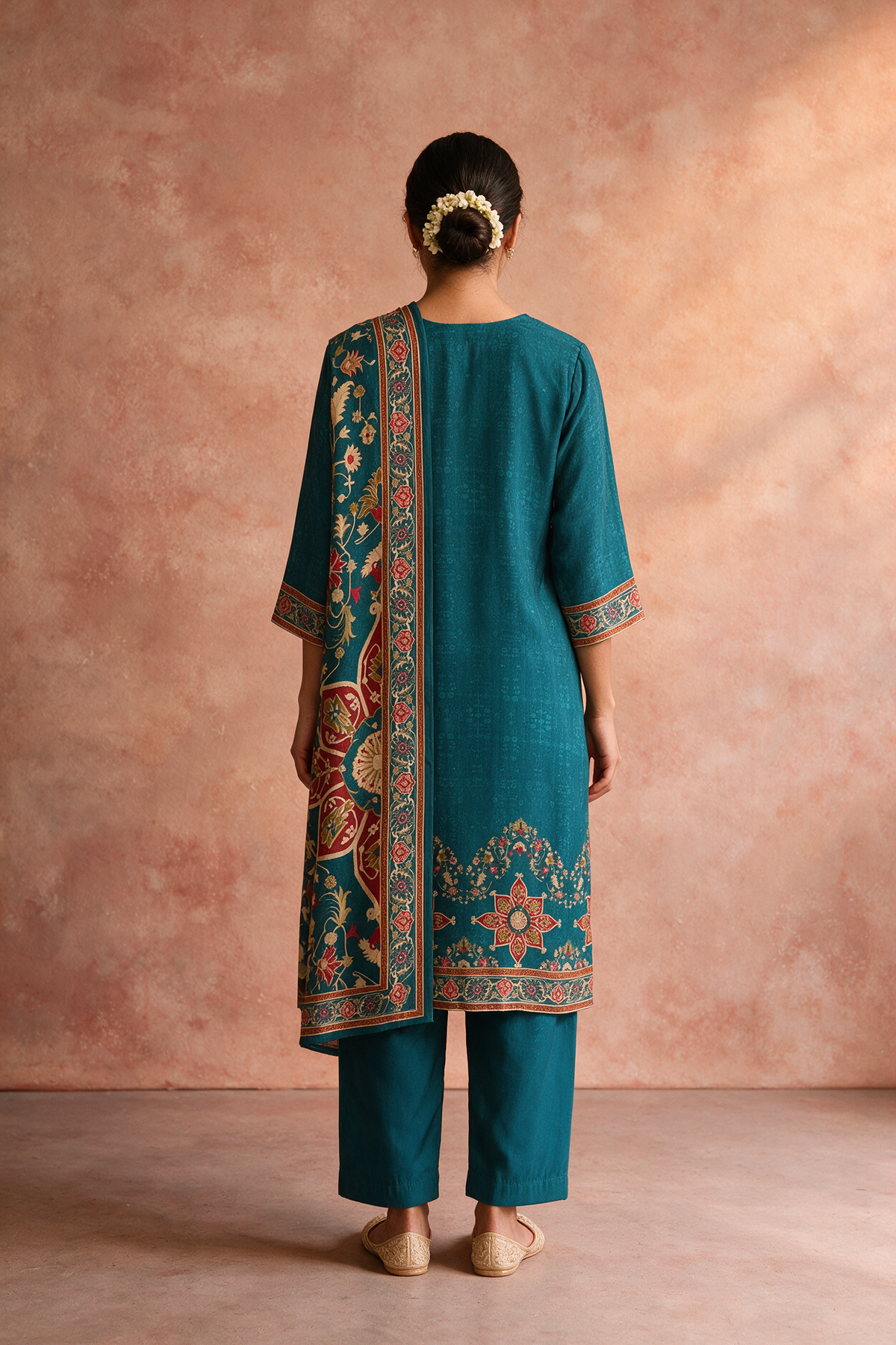 Teal Green Printed Soft Silk Suit Set