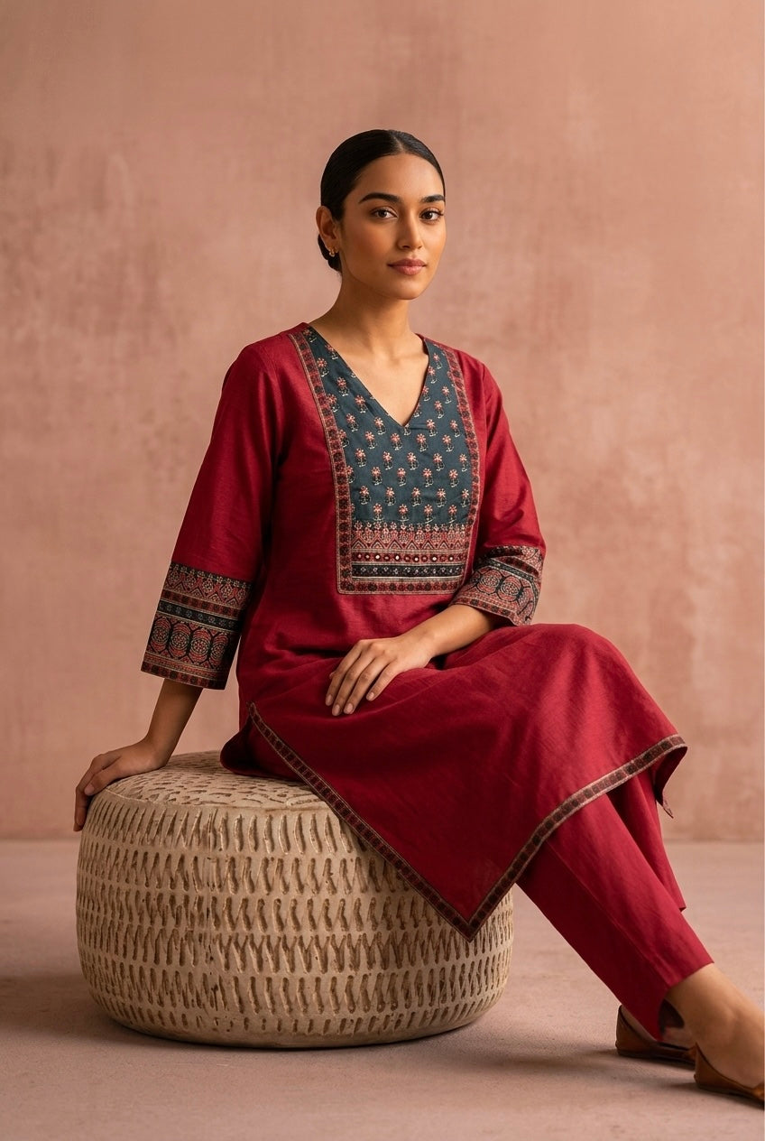 Maroon Straight Fit Cotton Kurta Set | HER-496