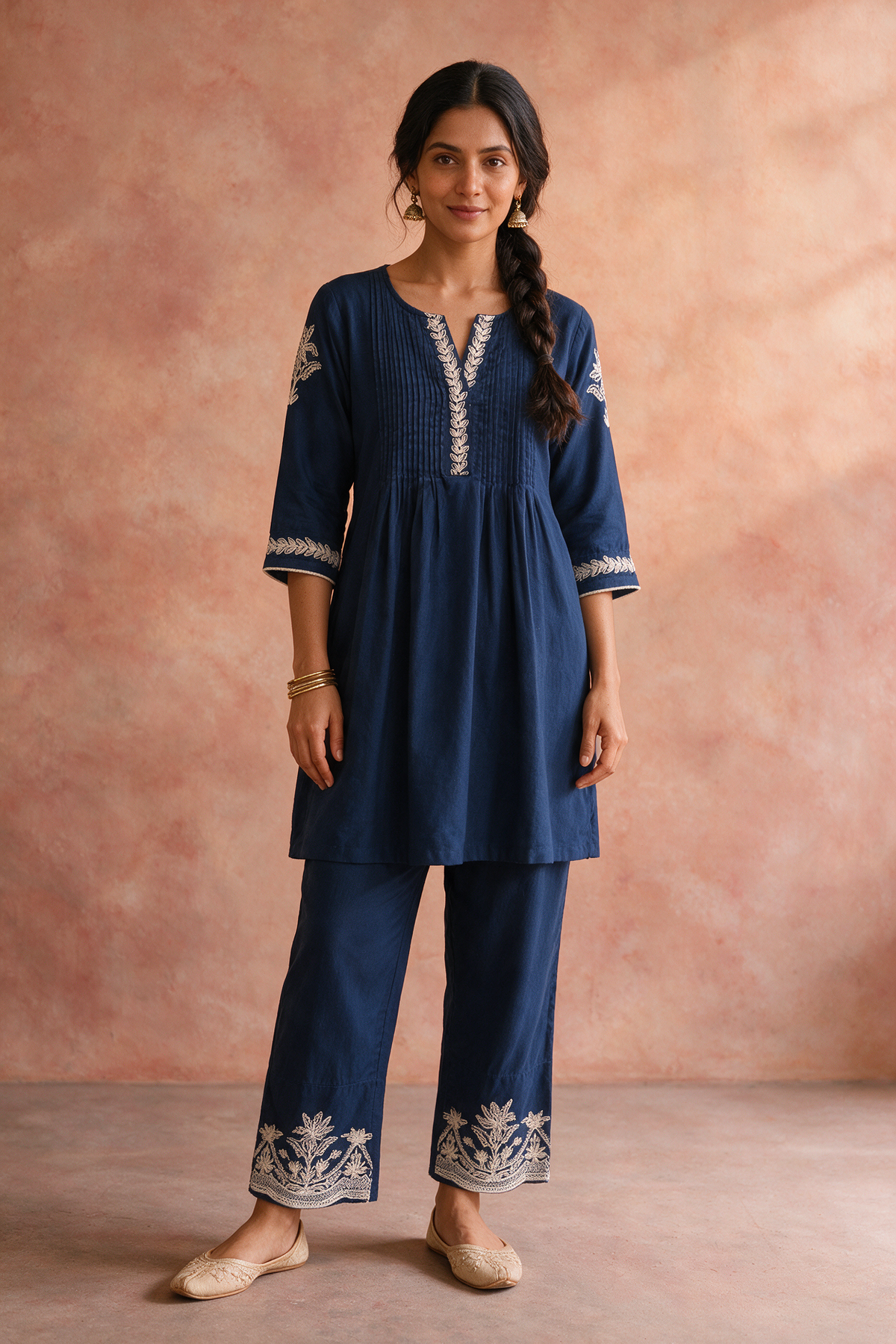 Navy Blue Pleated Embroidered Kurta Set