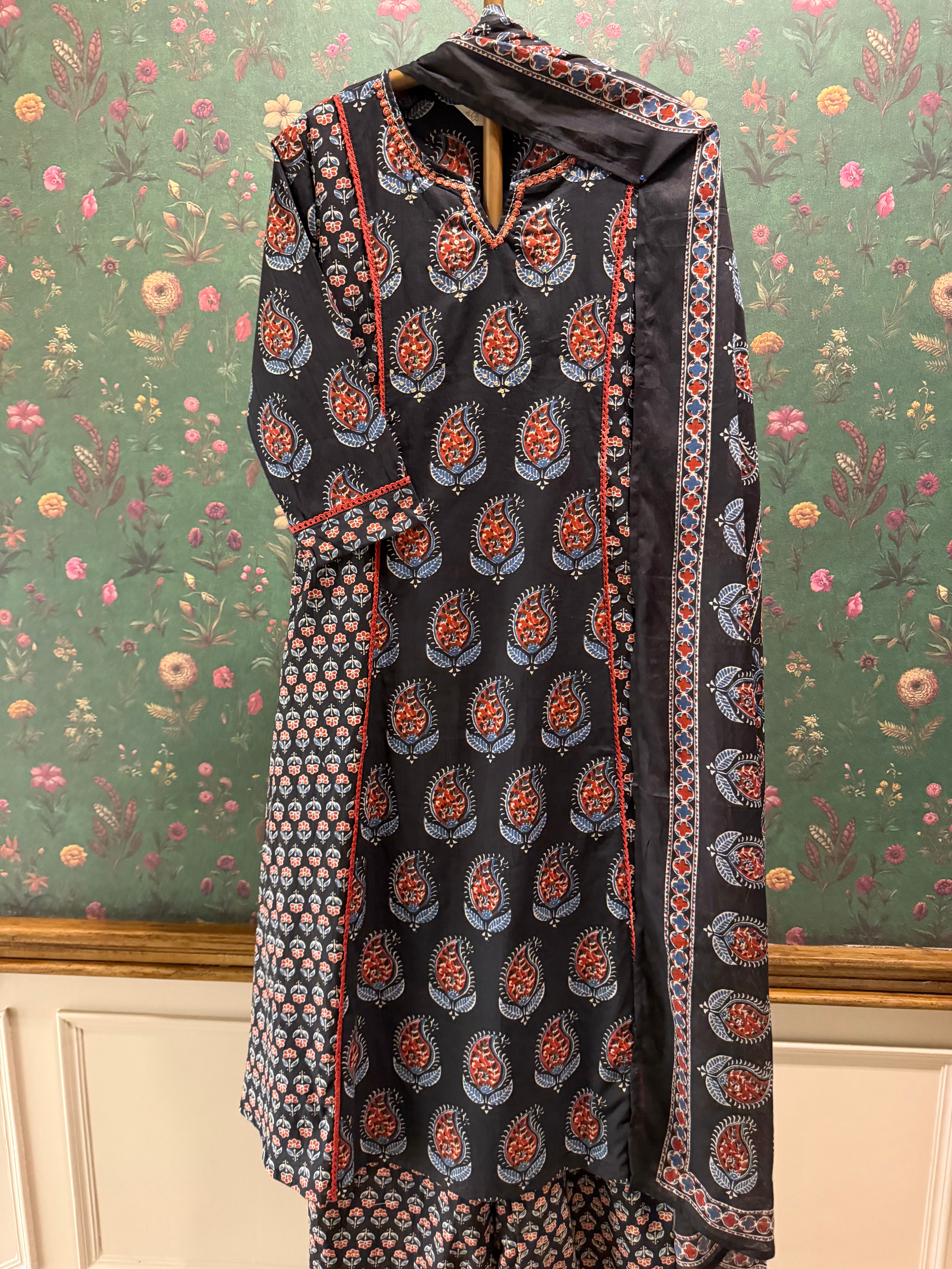 Black Ajrakh Printed Cotton A-Line Suit Set | HER-720