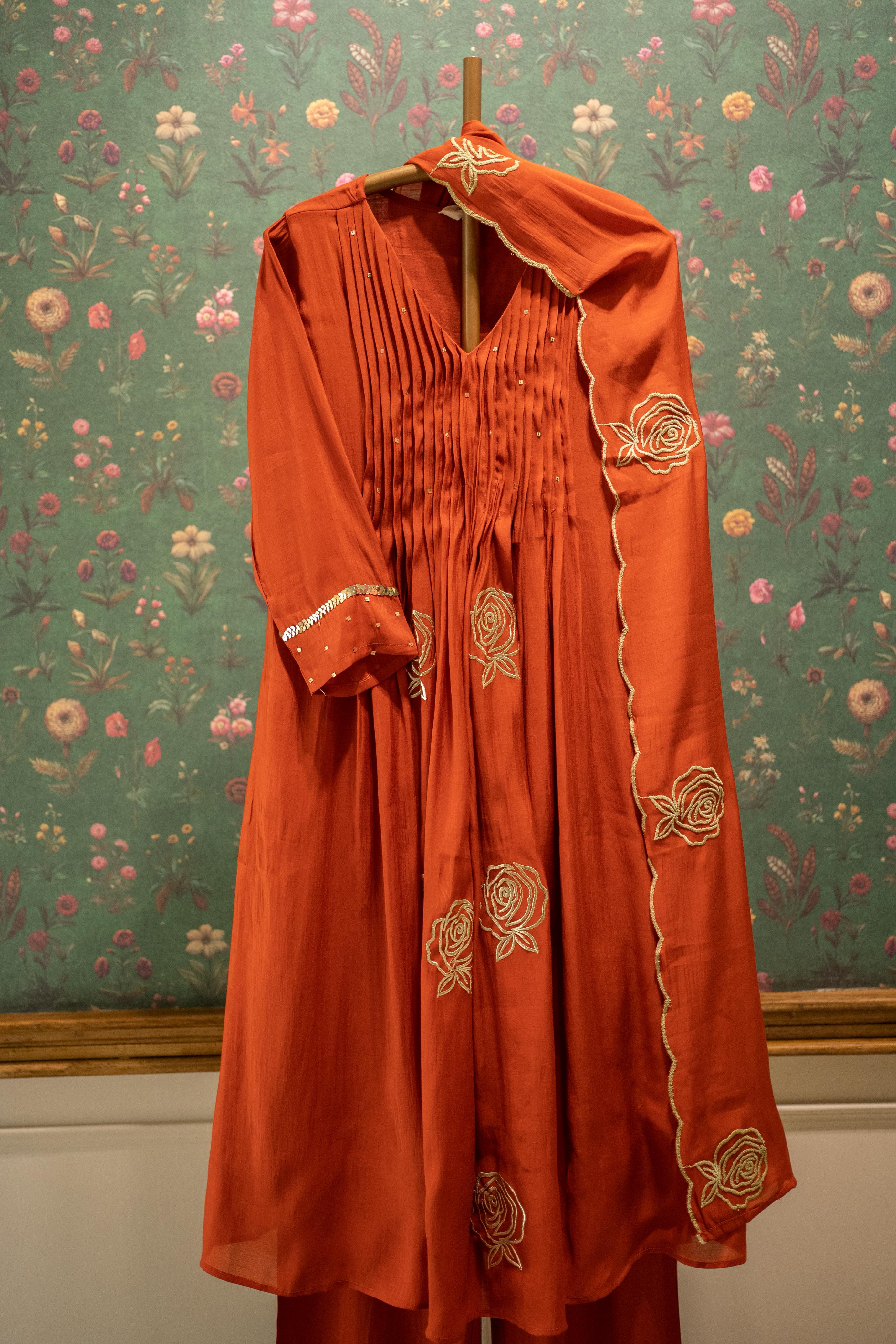 Terracotta Rust Orange, Rose Pintuck Palazzo Set with Scallop Dupatta| HER-587 RUST