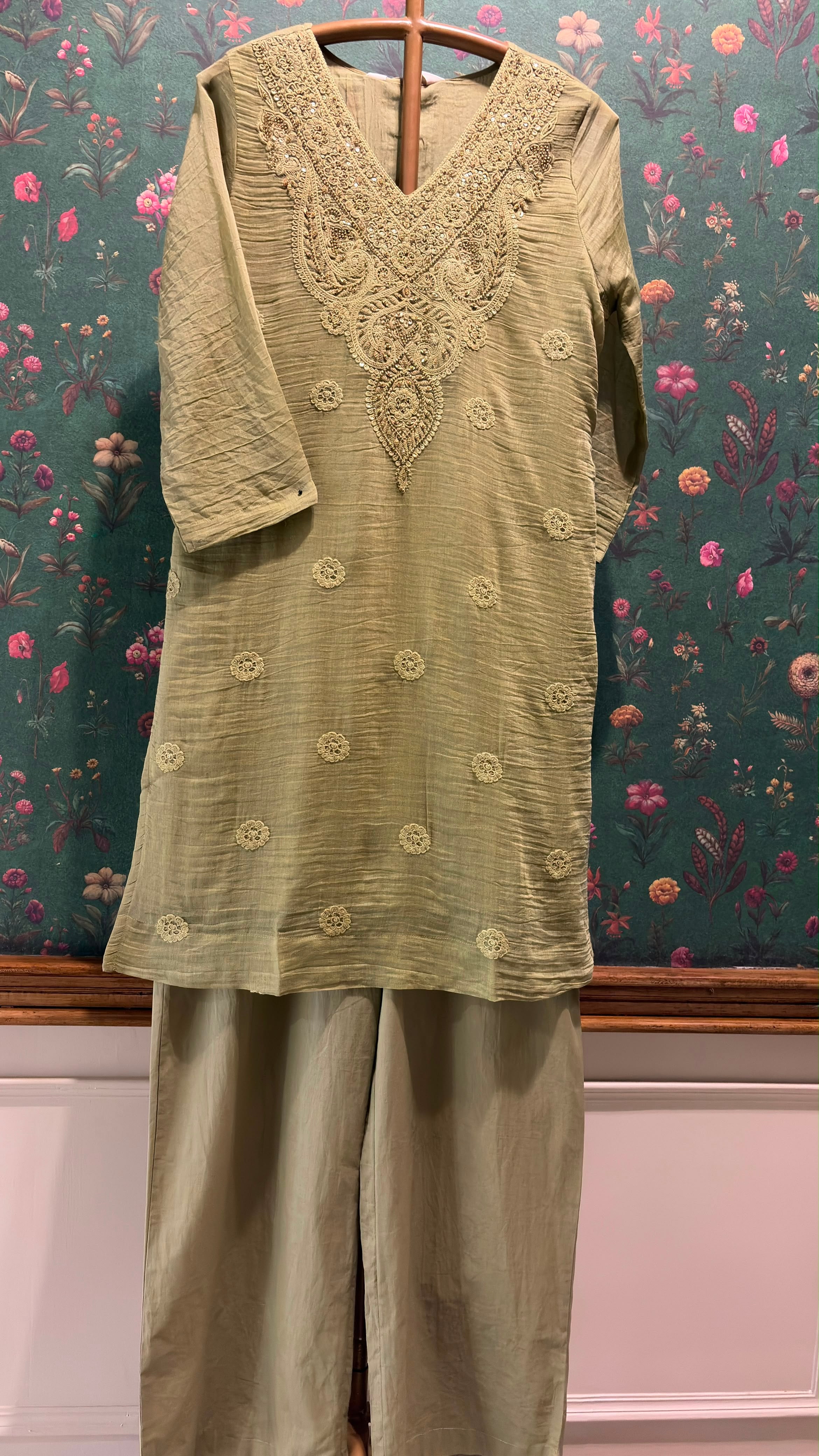 Sage Green Mul-Chanderi Kurta Set