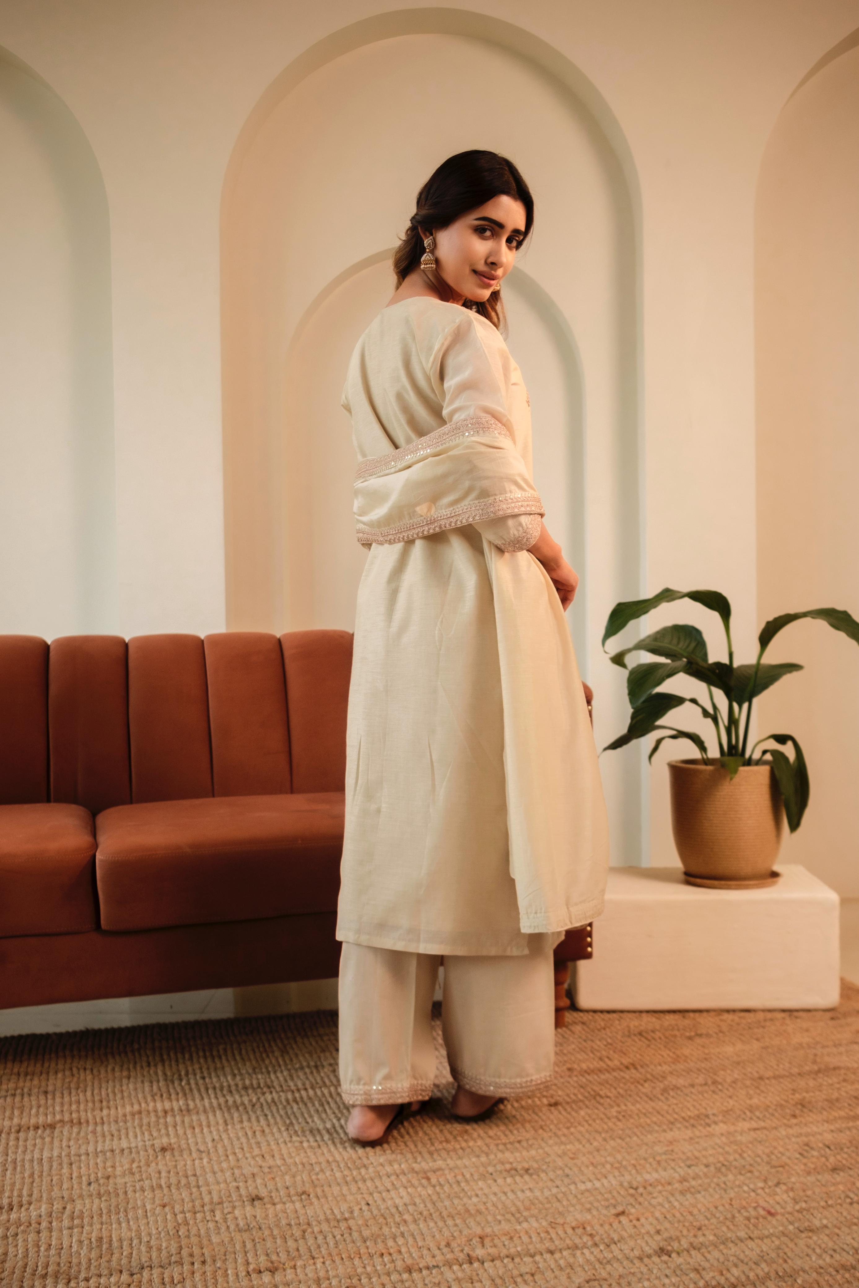 Aafreen Beige Mul Chanderi Embroidered Suit Set | HER-543