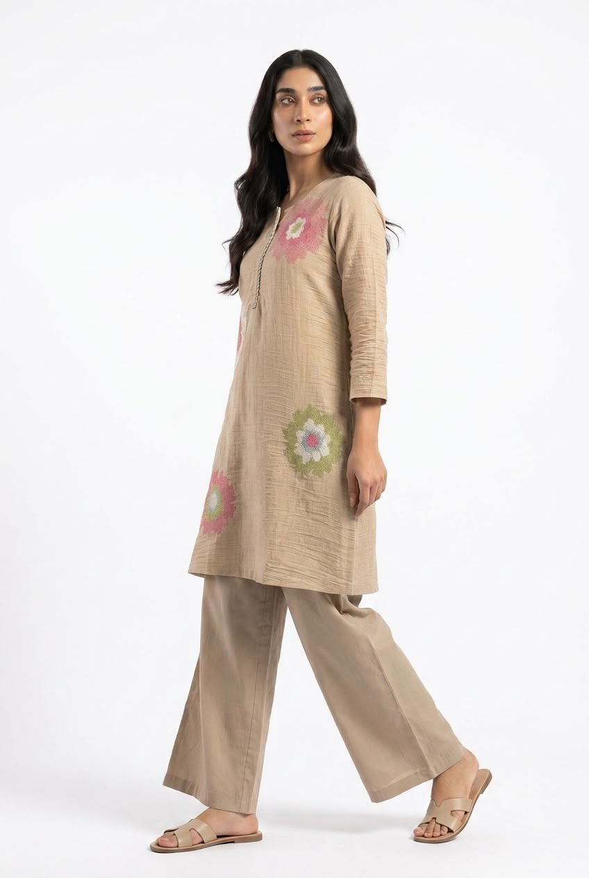 Blush Meadow Handcrafted Co-ord Set, Soft Beige | HER-623