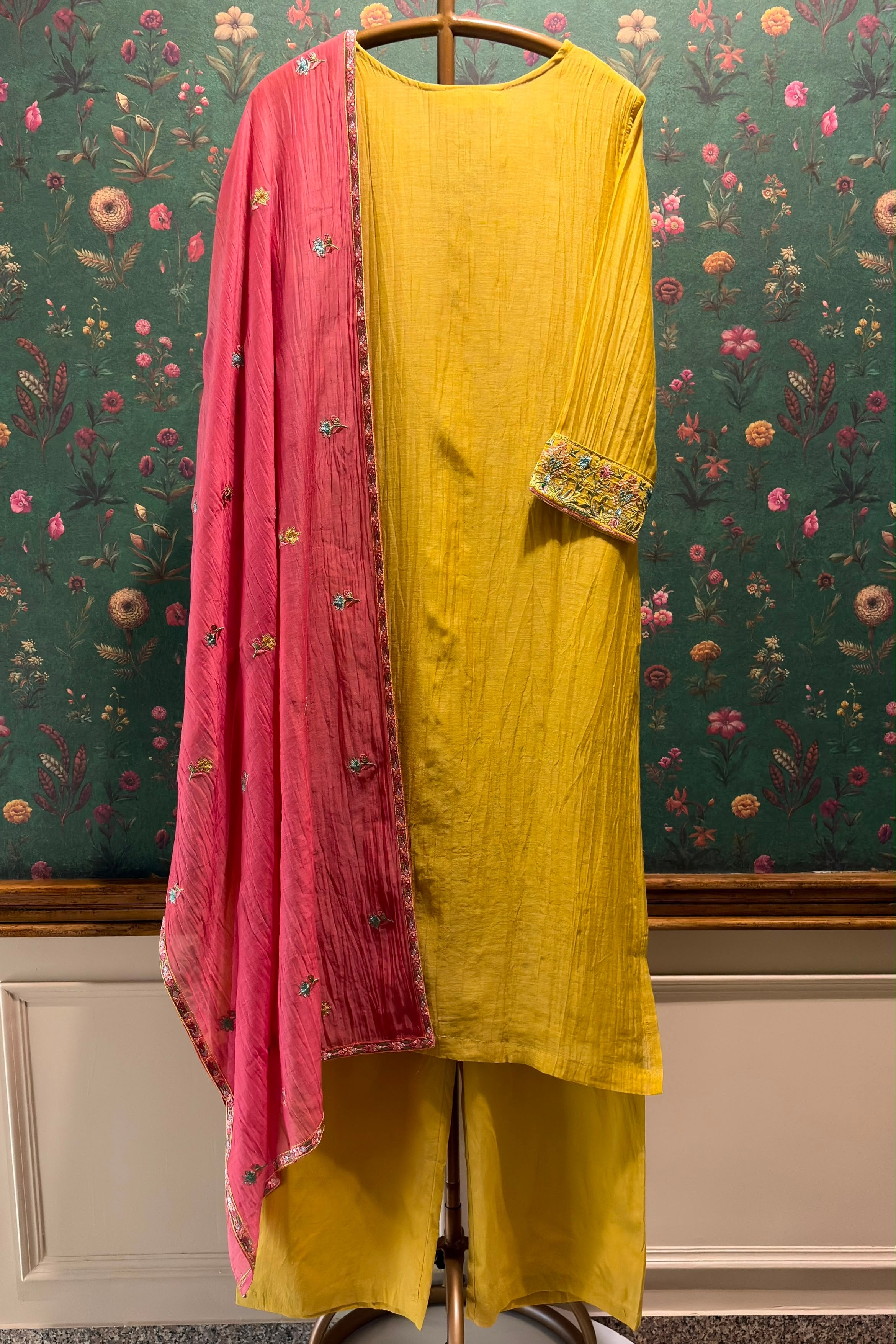Mustard Yellow Mul-Chanderi Embroidered Suit Set | HER-780
