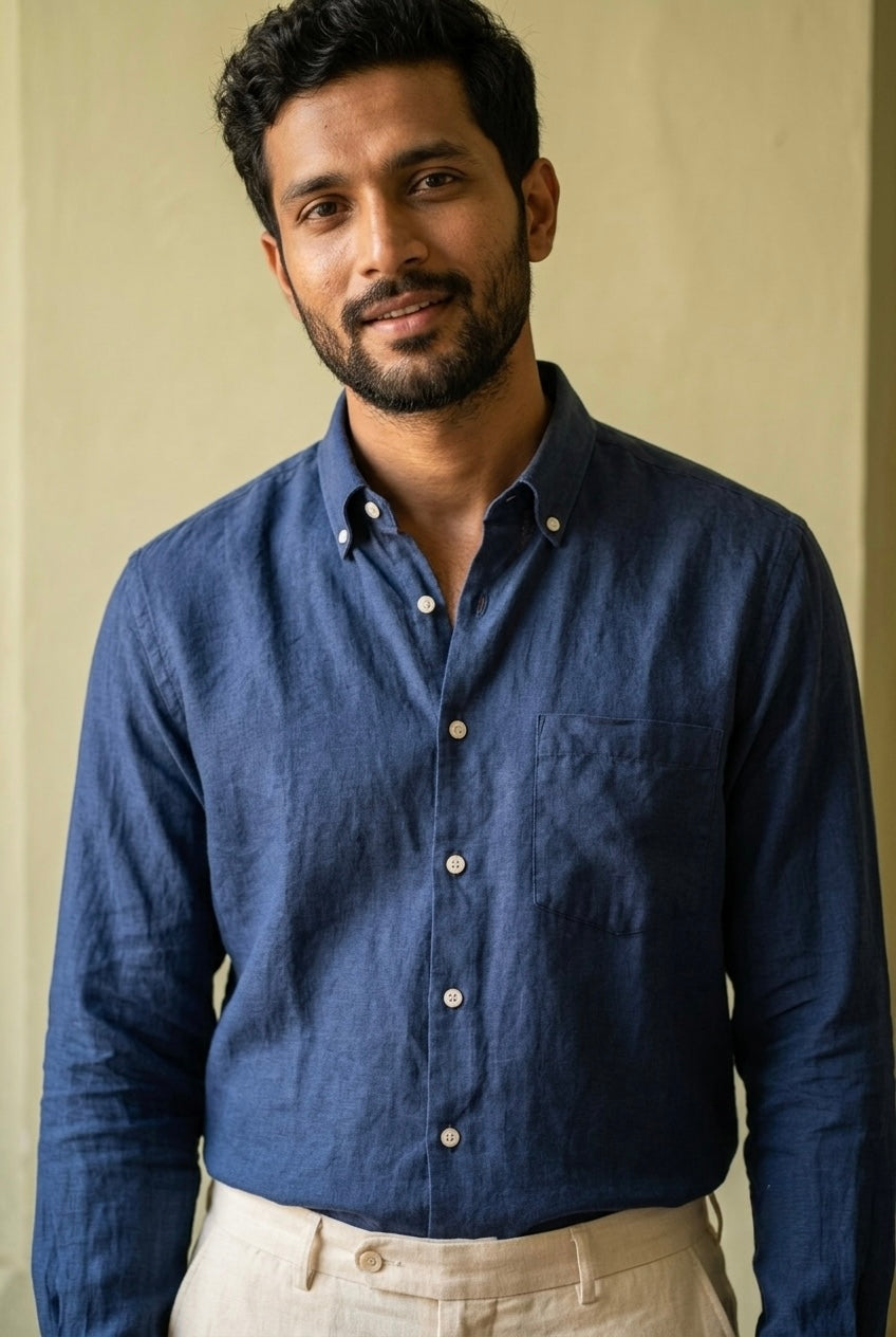 Deep Indigo Blue Men’s Pure Linen Full-Sleeves Shirt