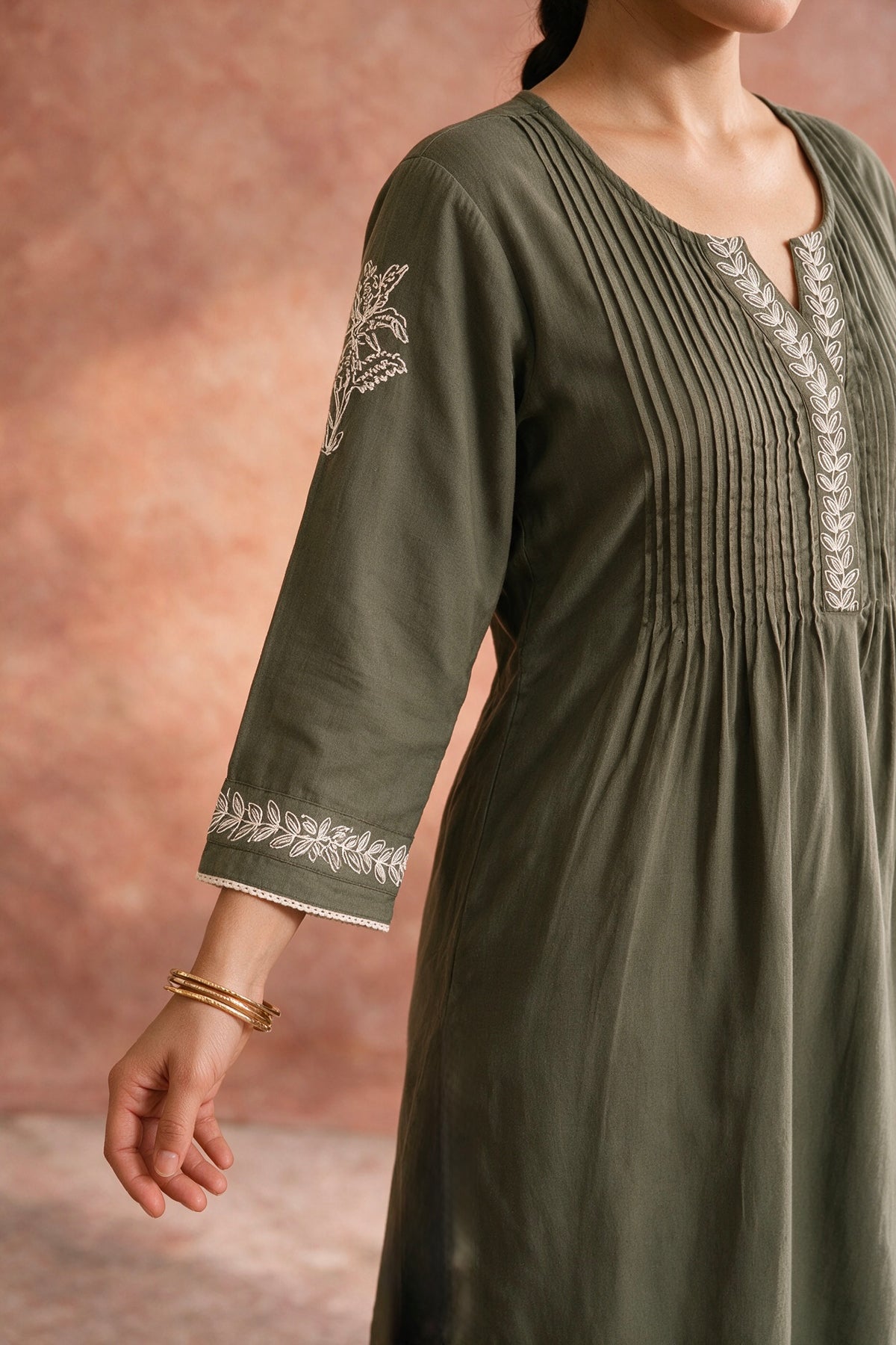 Olive Green Pleated Embroidered Kurta Set