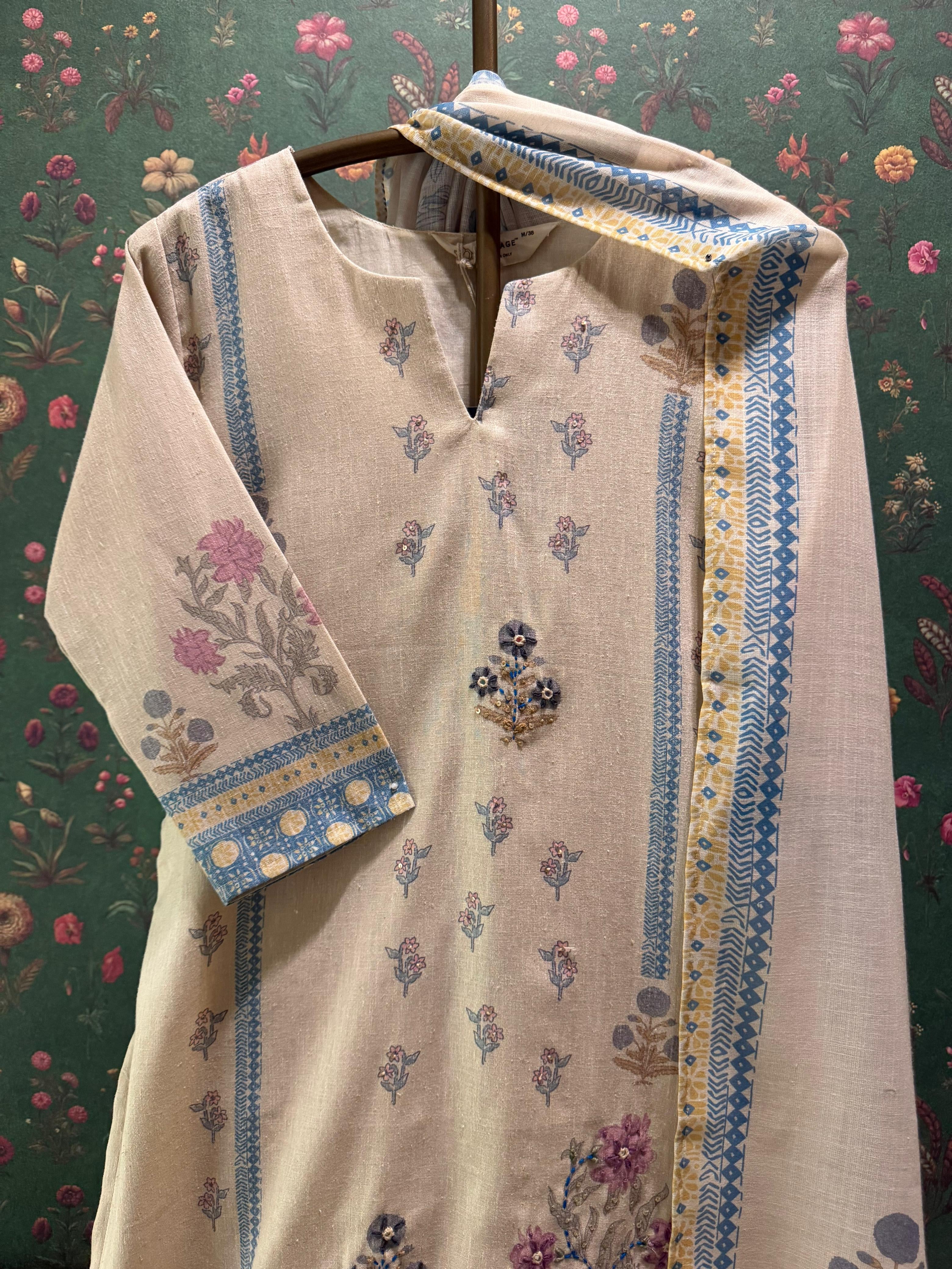 Beige Floral Embroidered Cotton Linen Suit Set | HER-668