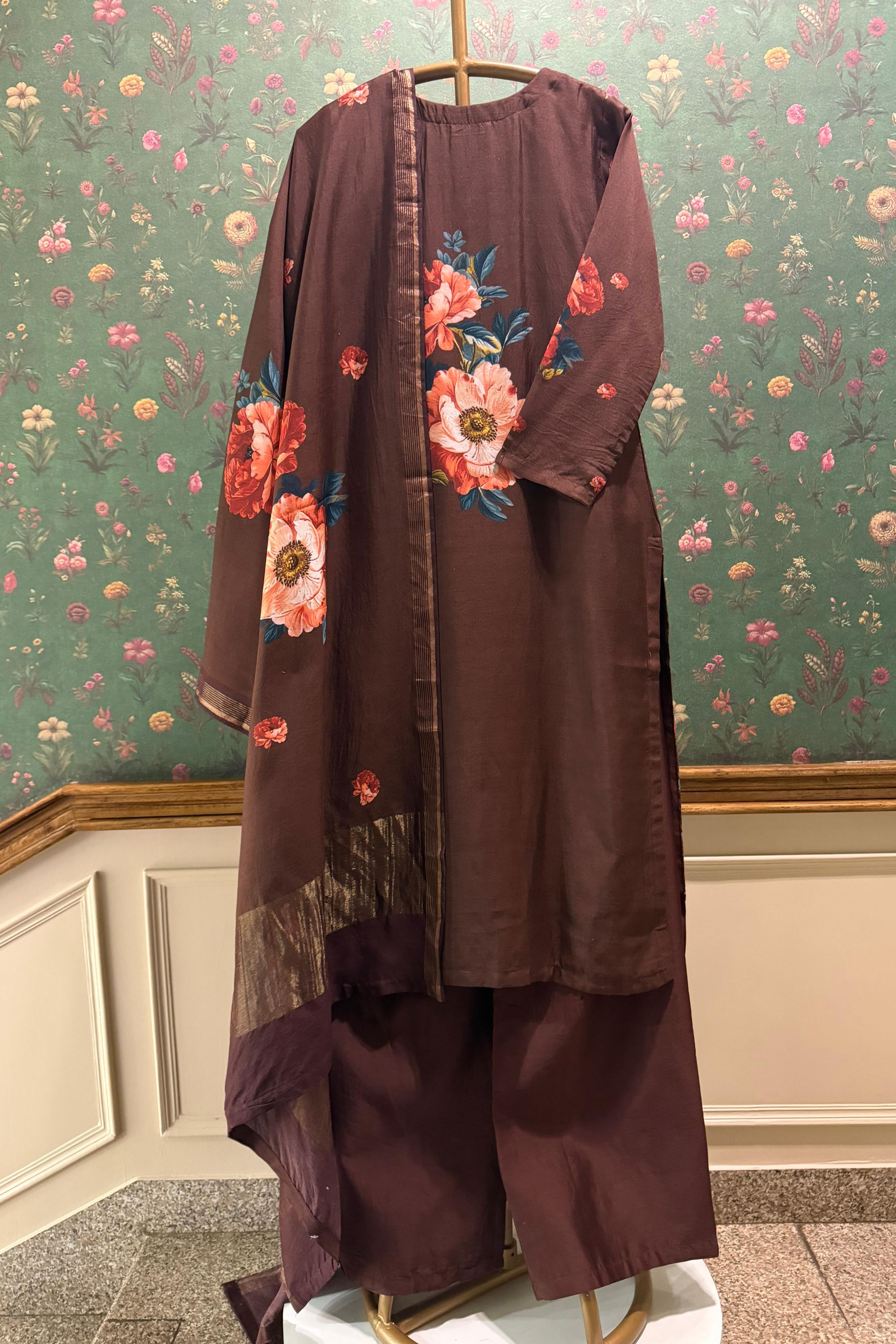 Noorbagh Deep Cocoa Brown Chanderi Suit Set x Noorin Sha | HER-603