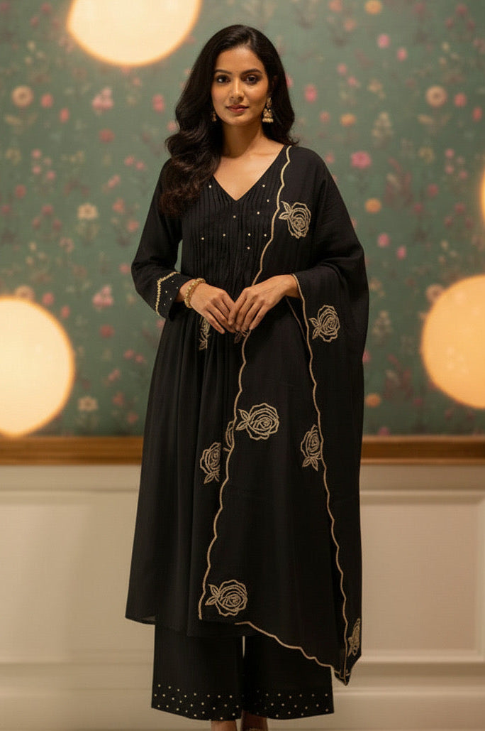 Black Rose Pintuck Palazzo Set with Scallop Dupatta | HER-587