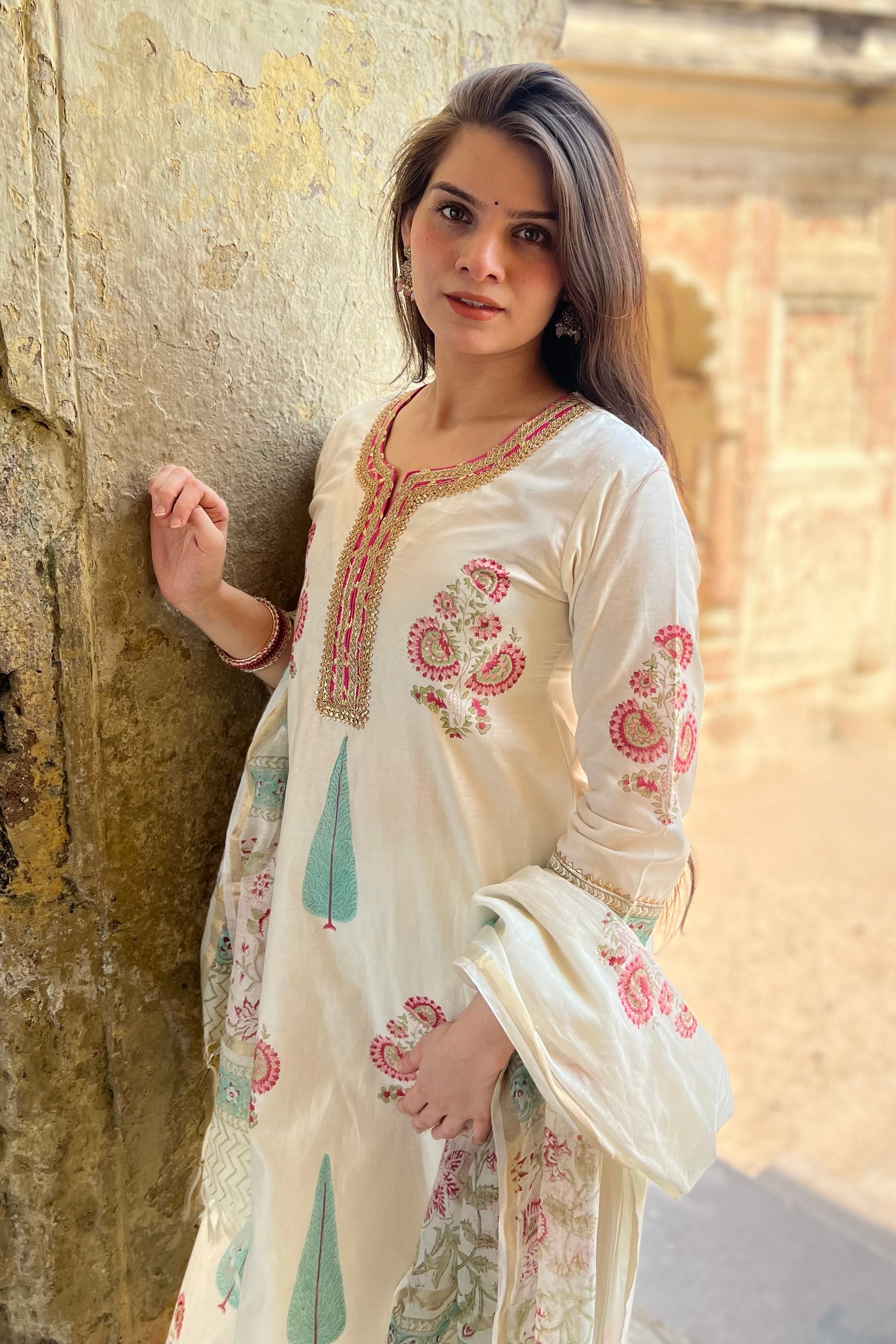 Ivory White Floral Printed Chanderi Suit Set | HER-757