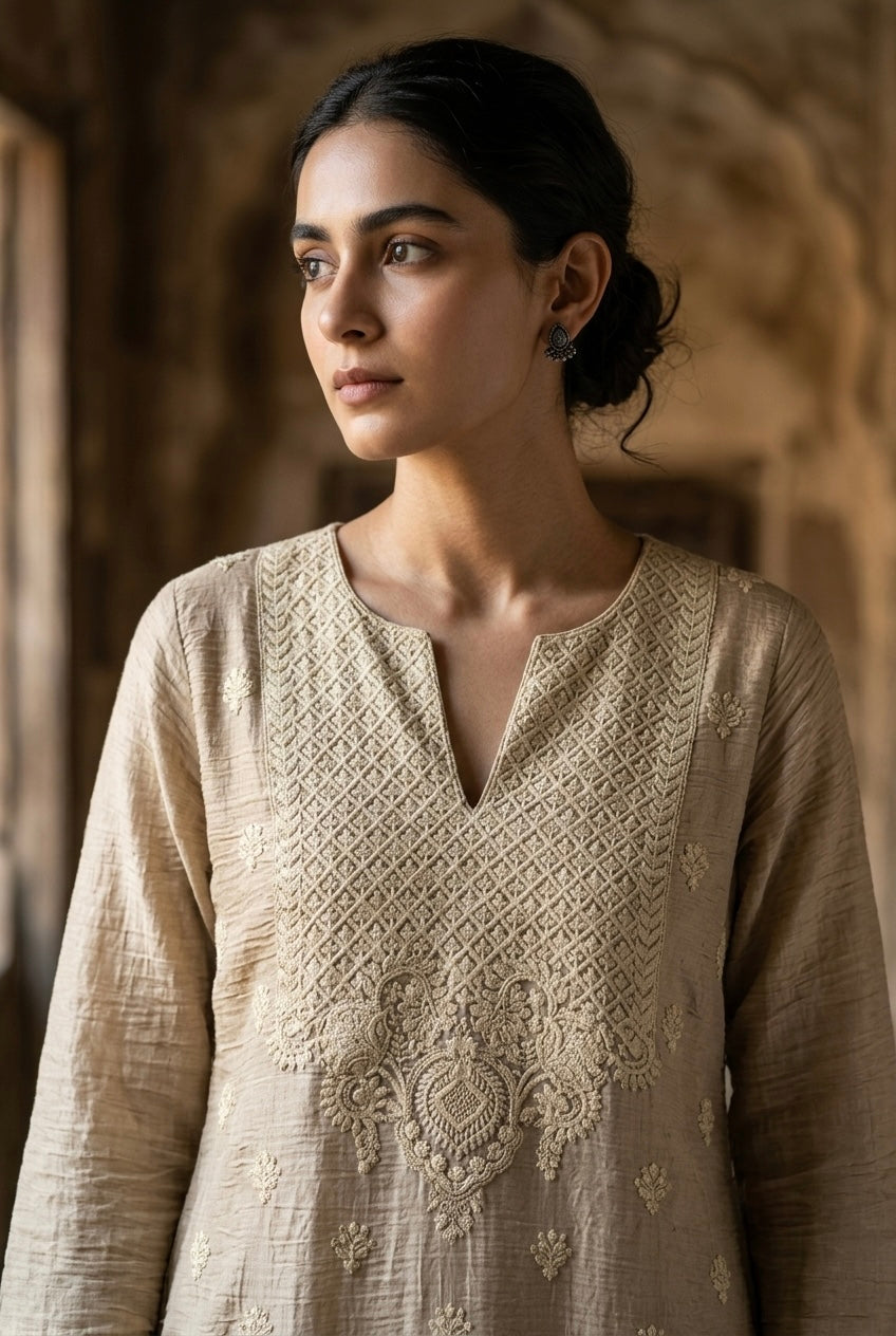 Sand Beige Mul-Chanderi Kurta Set