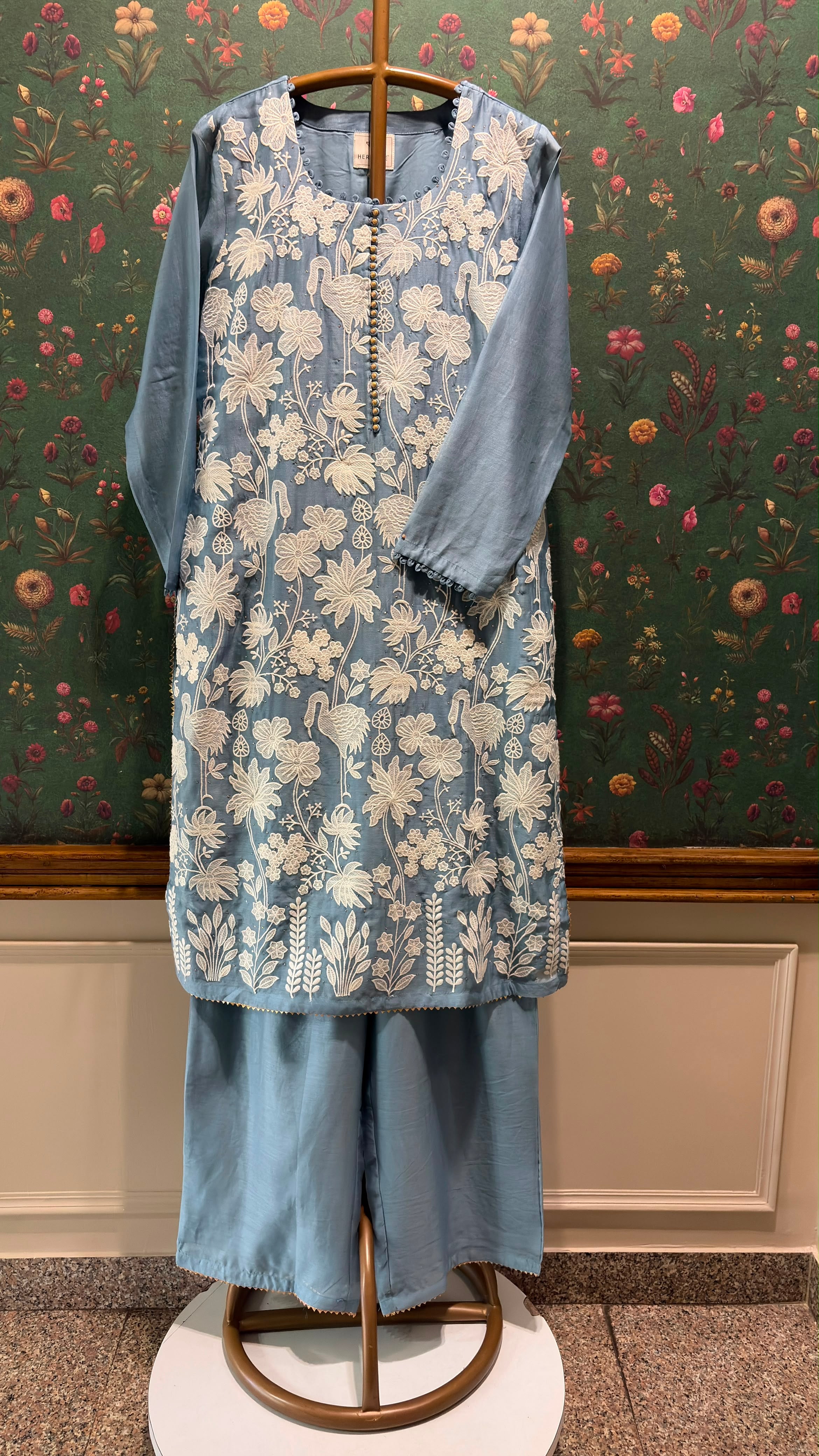 Powder Blue Floral Crane Embroidered Suit Set