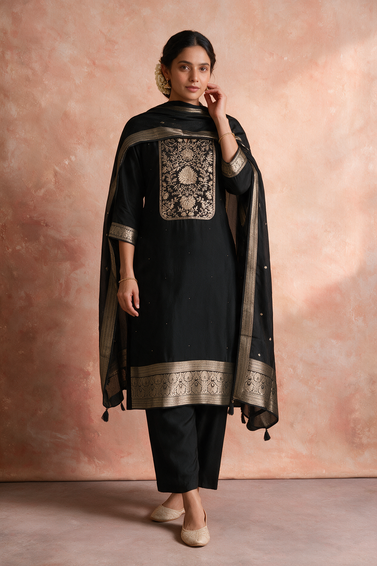 Black Dola Silk Zari Embroidered Suit Set