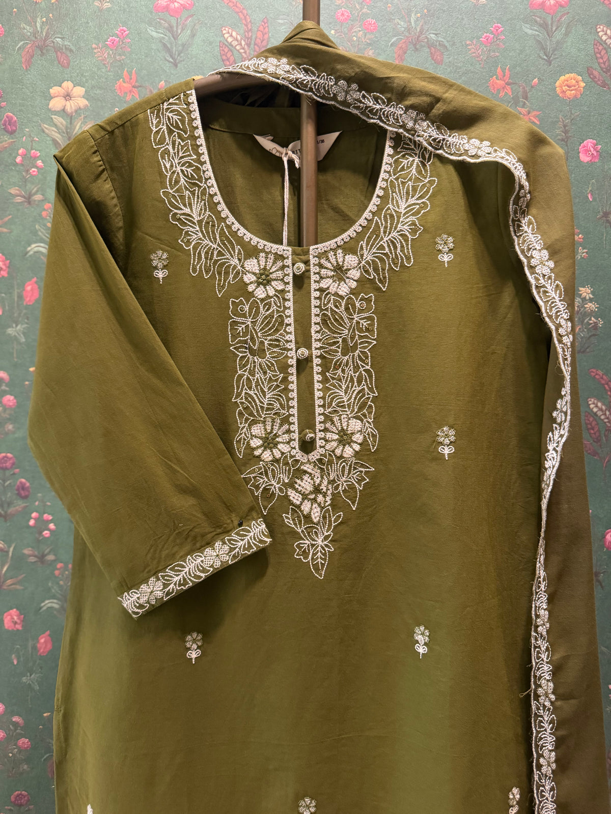 Olive Green Embroidered Cotton Suit Set | HER-686
