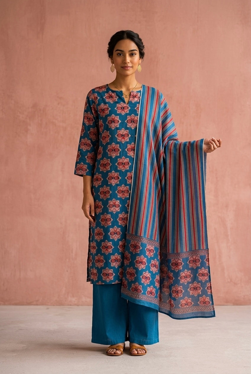Floral Teal Blue Cotton Printed Suit Set | HER-724