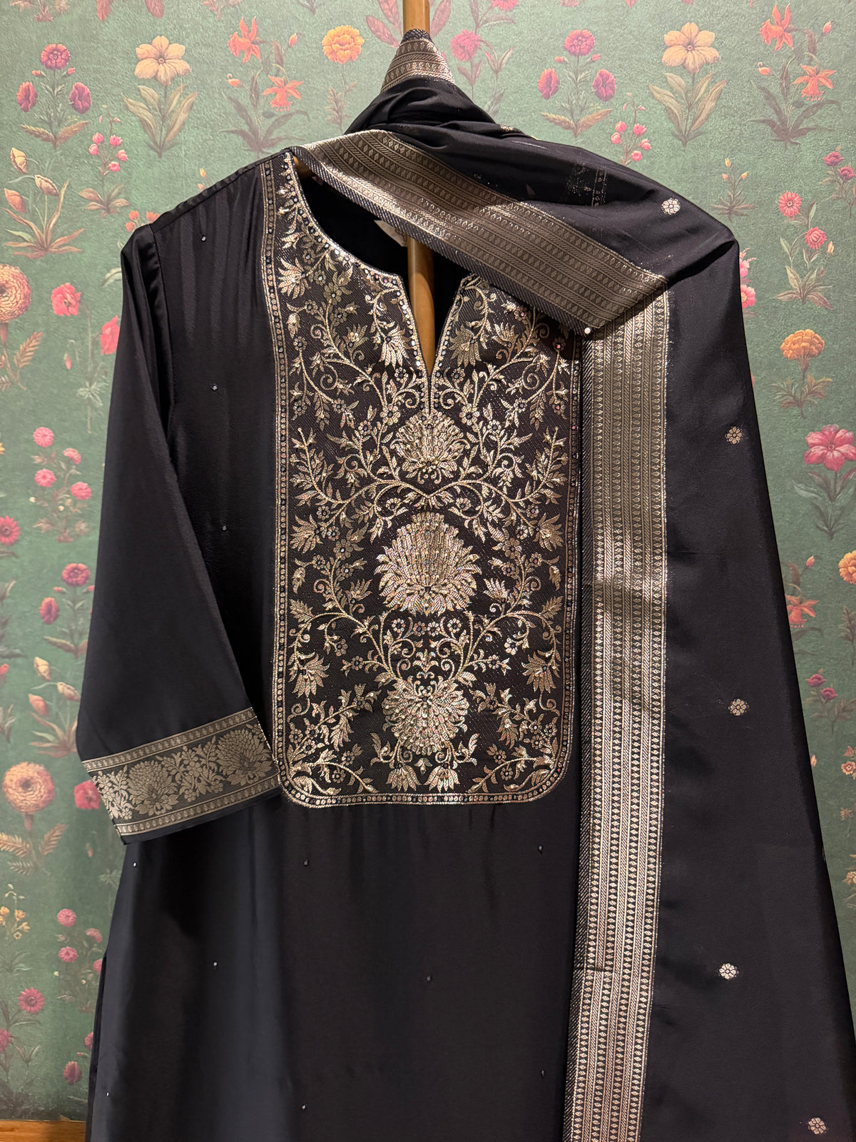 Black Dola Silk Zari Embroidered Suit Set