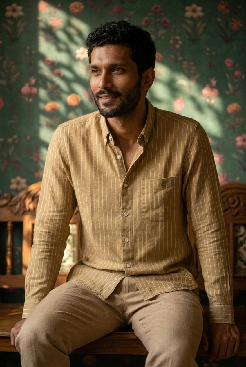 Tan Stripe Men’s Pure Linen Full Sleeves Shirt