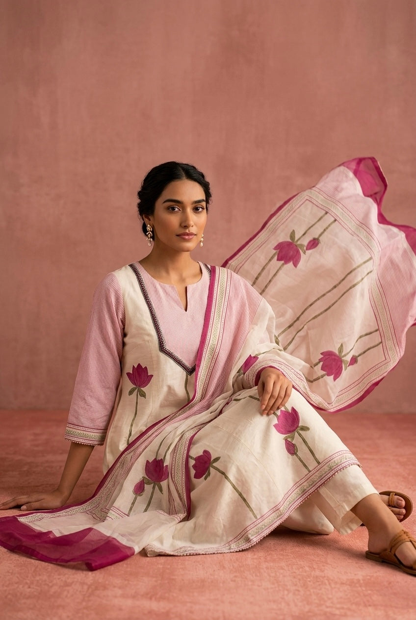 Ivory Lotus Chanderi Suit Set | HER-612