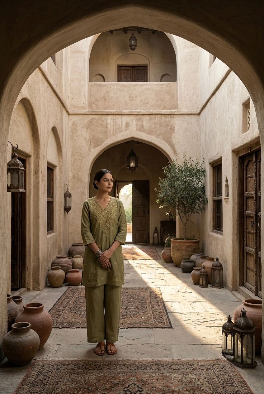 Sage Green Mul-Chanderi Kurta Set
