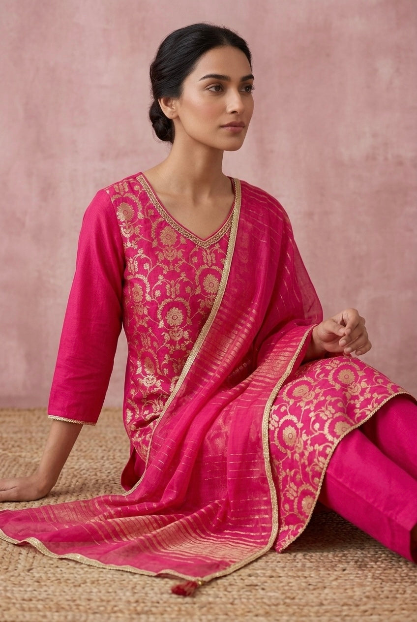 Rangrez Pink Banarasi Brocade Suit Set | HER-562