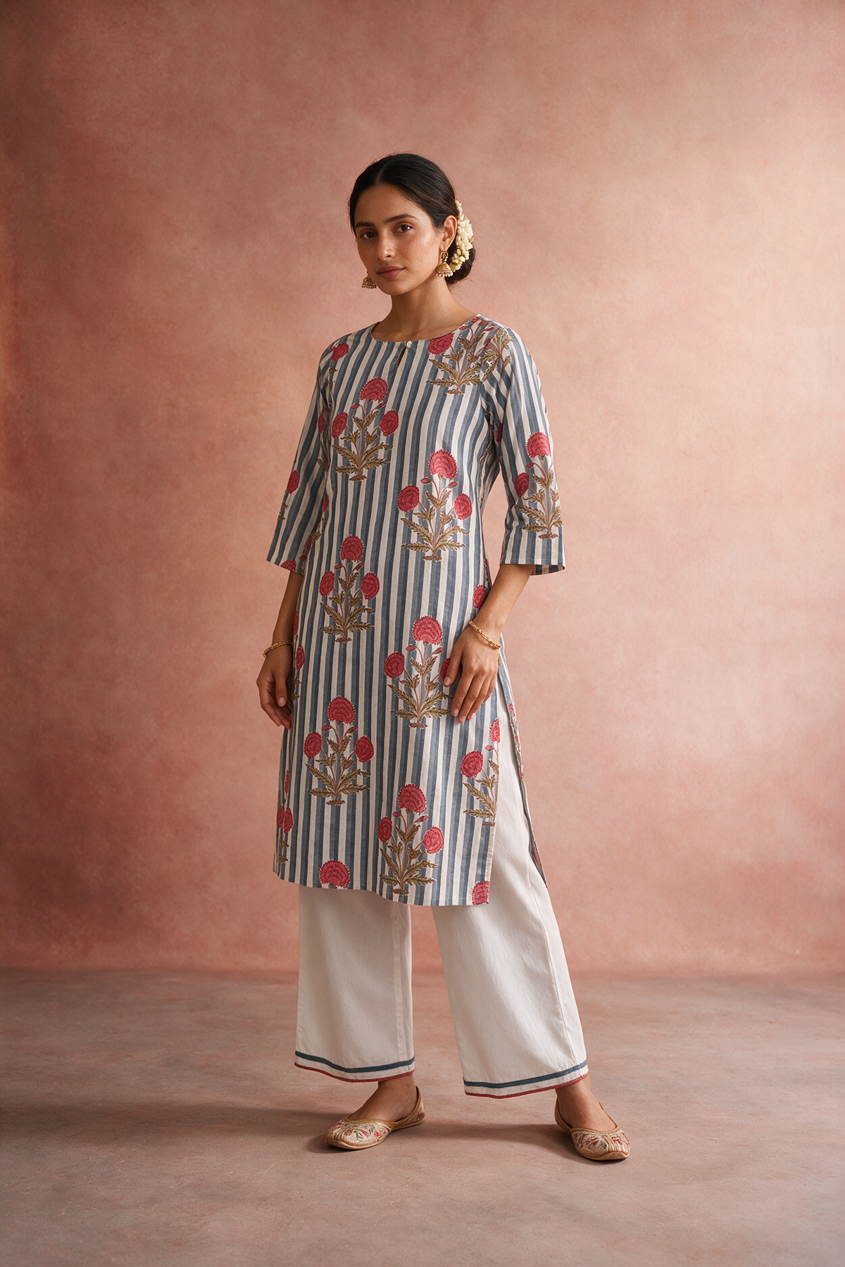 Blue Stripe Floral Cotton Kurta Set