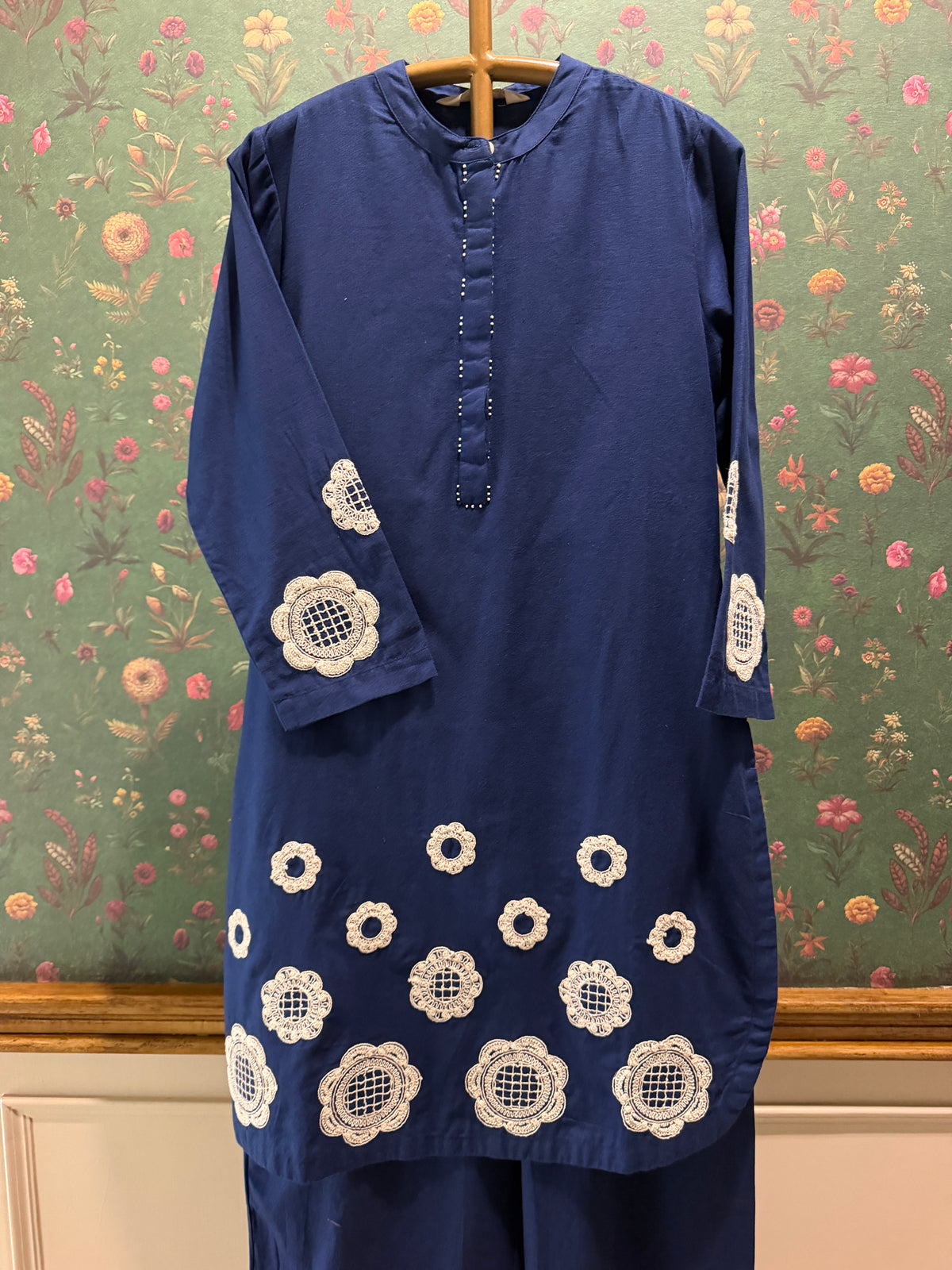 Navy Blue Appliqué Khadi Cotton Kurta/Co-ord Set
