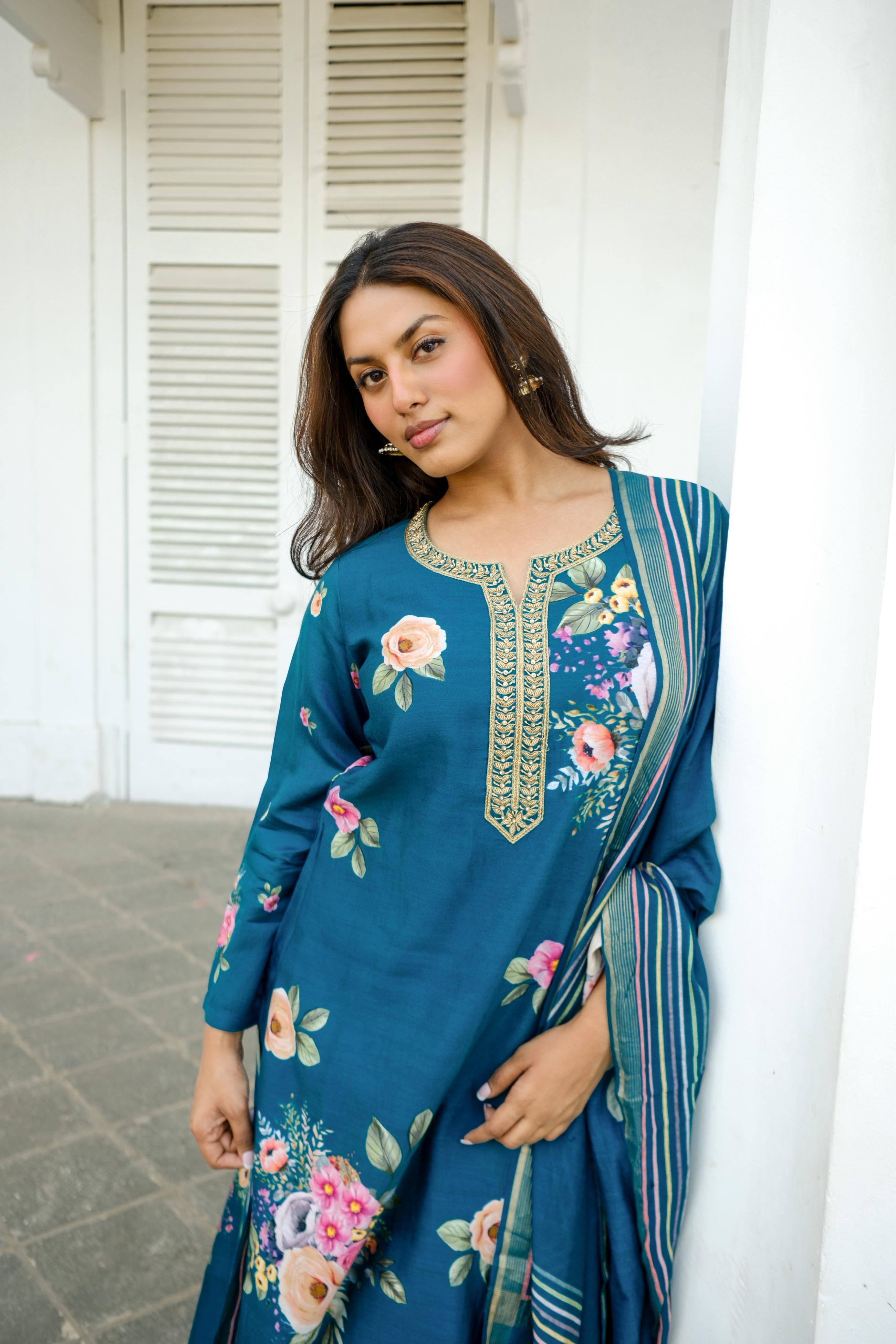 Emerald Teal Blue Floral Chanderi Suit Set x Celina | HER-606