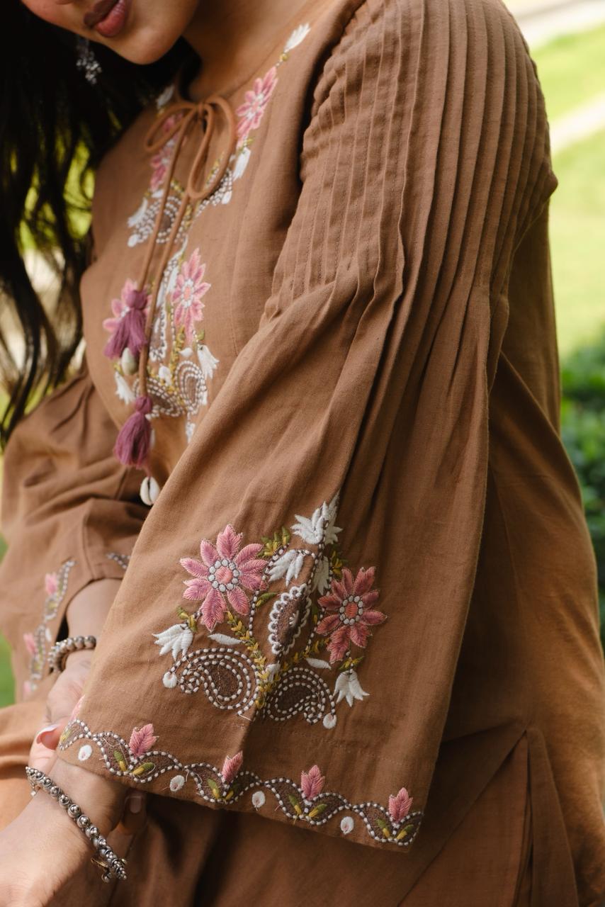 Caramel Brown Embroidered A-Line Kurta Set | HER-723