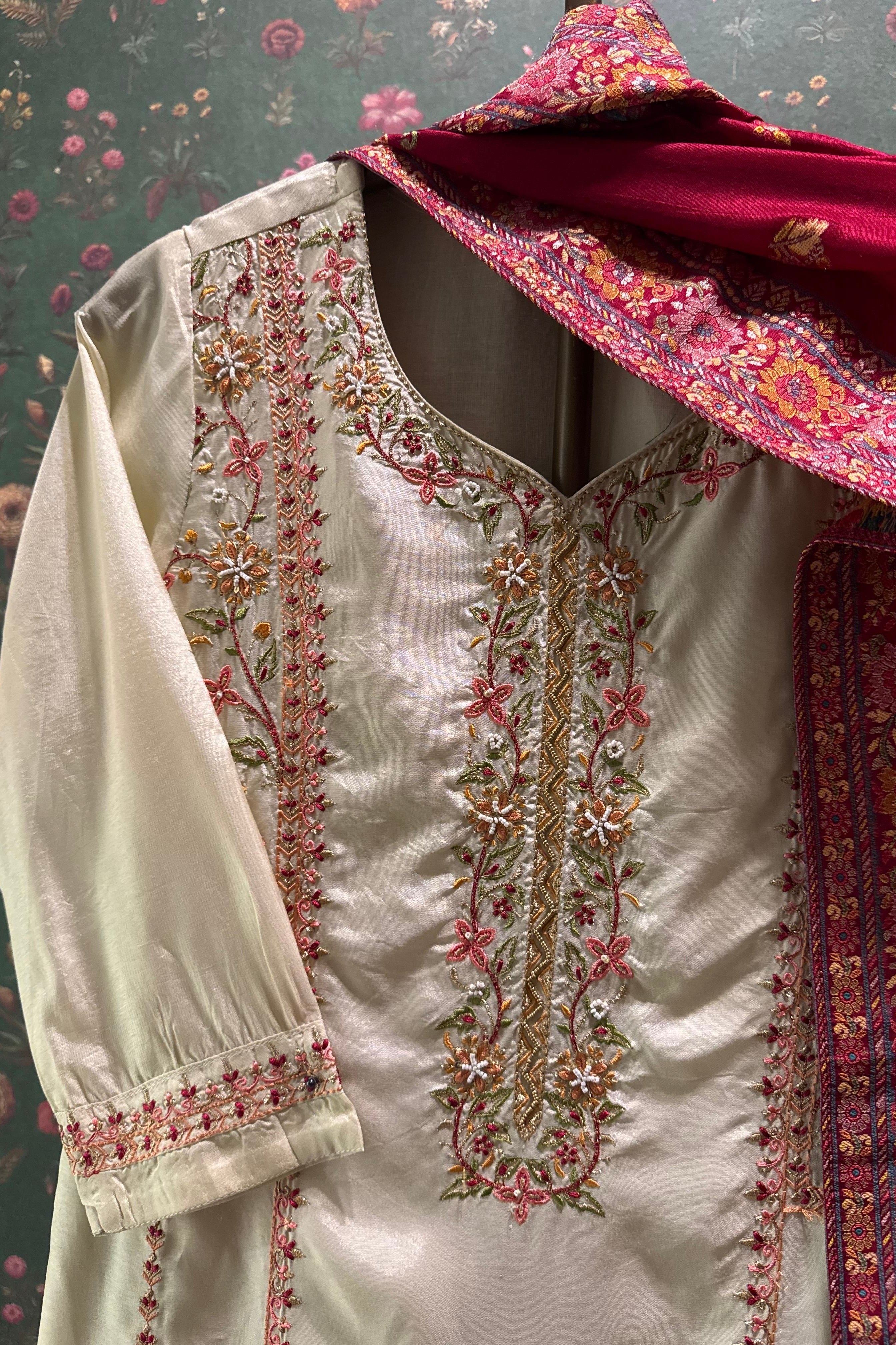 Arzoo Ivory Chanderi Embroidered Suit Set with Magenta Pink Banarasi Dupatta | HER-550