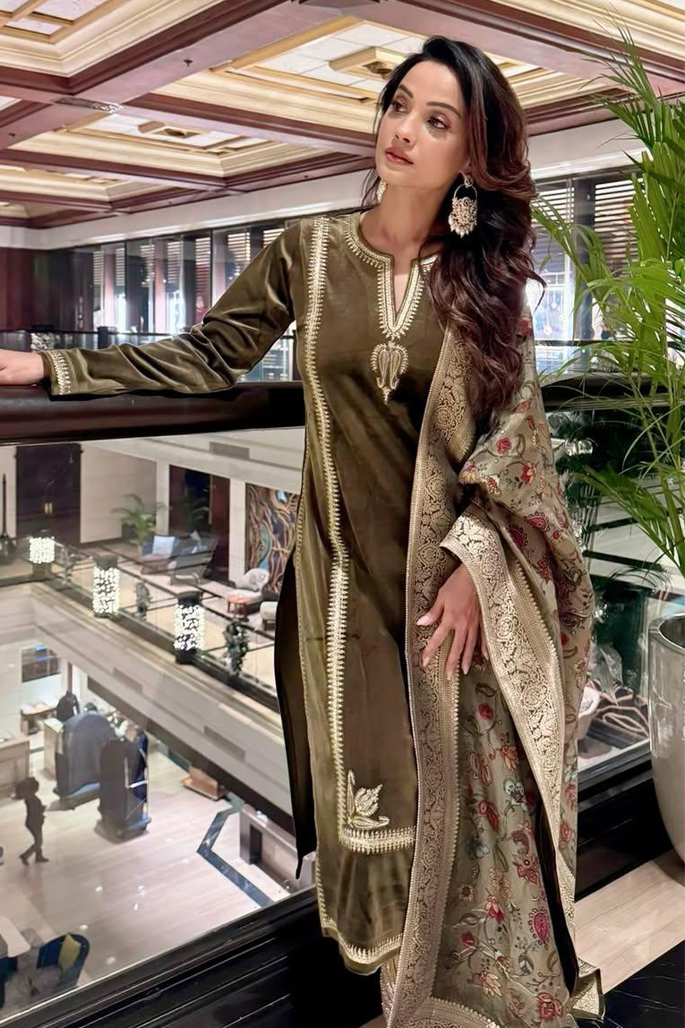 Olive Velvet Suit Set | HER-441