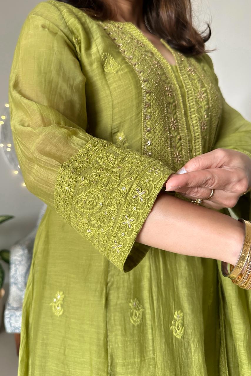 Mehndi Green Chikankari A-Line Mul Chanderi Suit Set | HER-627