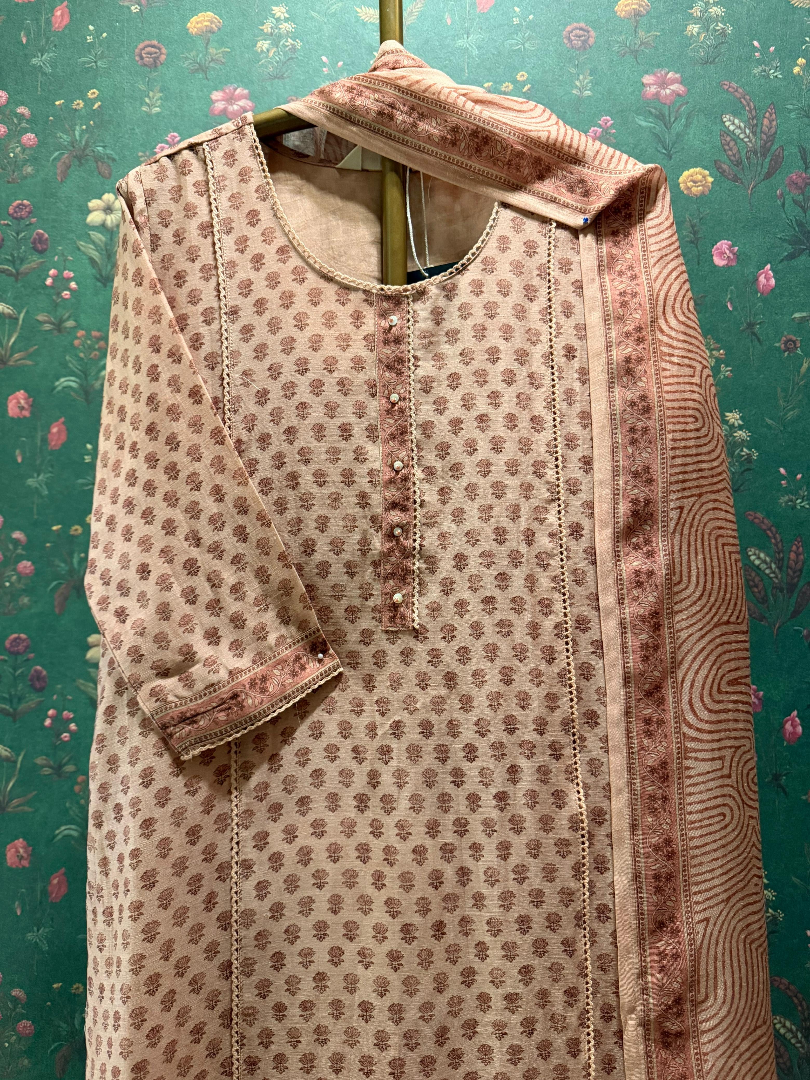 Dusty Peach Printed Linen Cotton Suit Set | HER-772