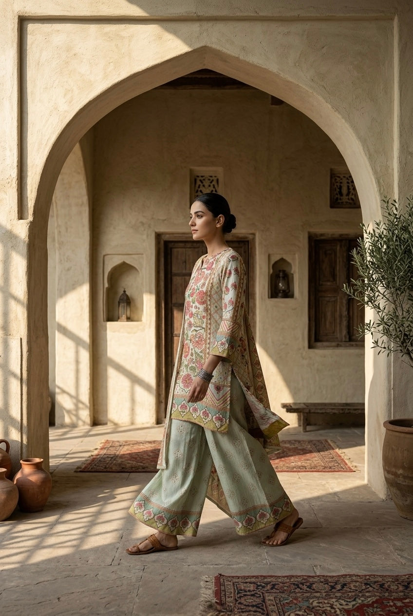 Pastel Green Crushed Tissue Floral Suit Set