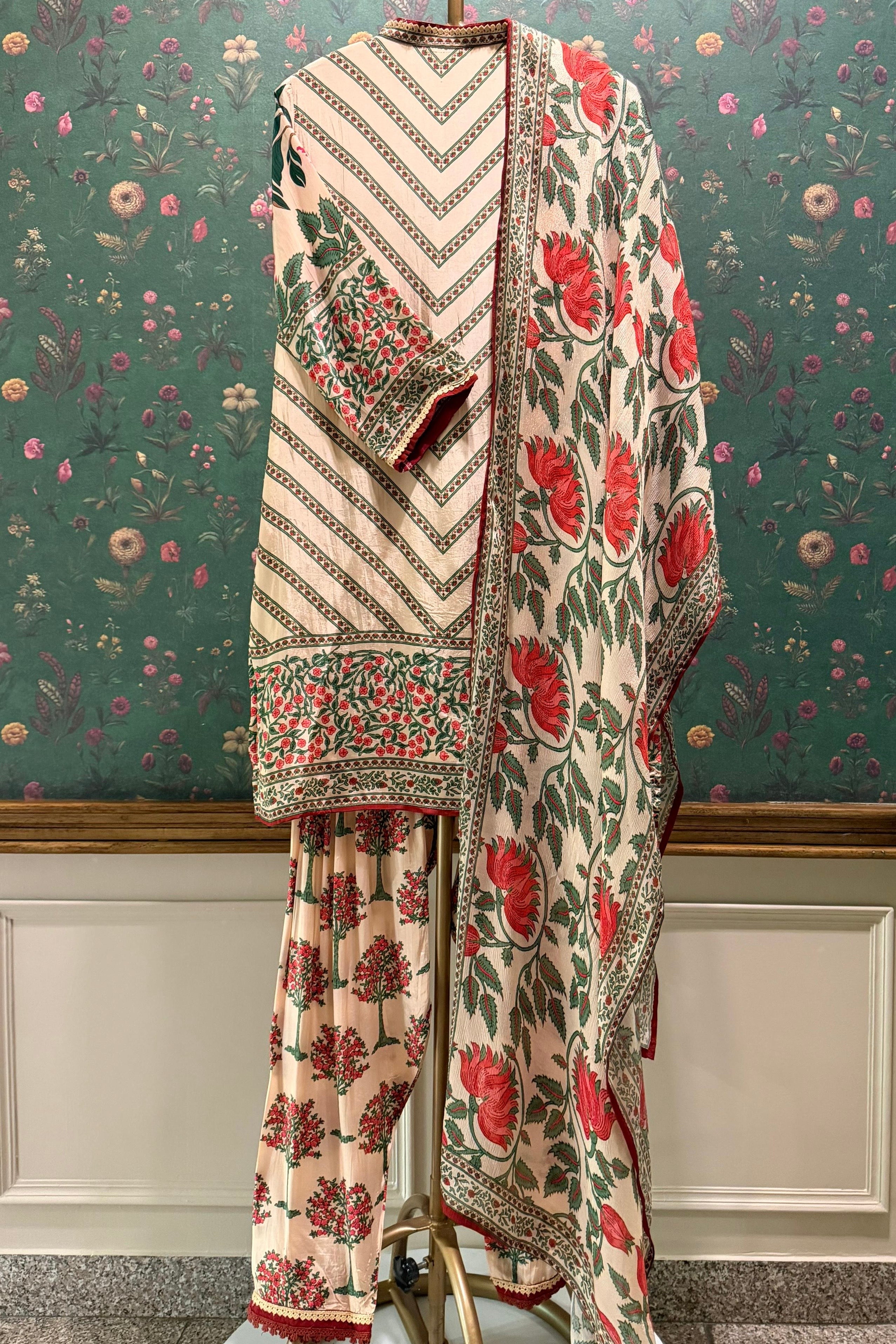 Peach Crimson Botanical Printed Suit Set | HER-613