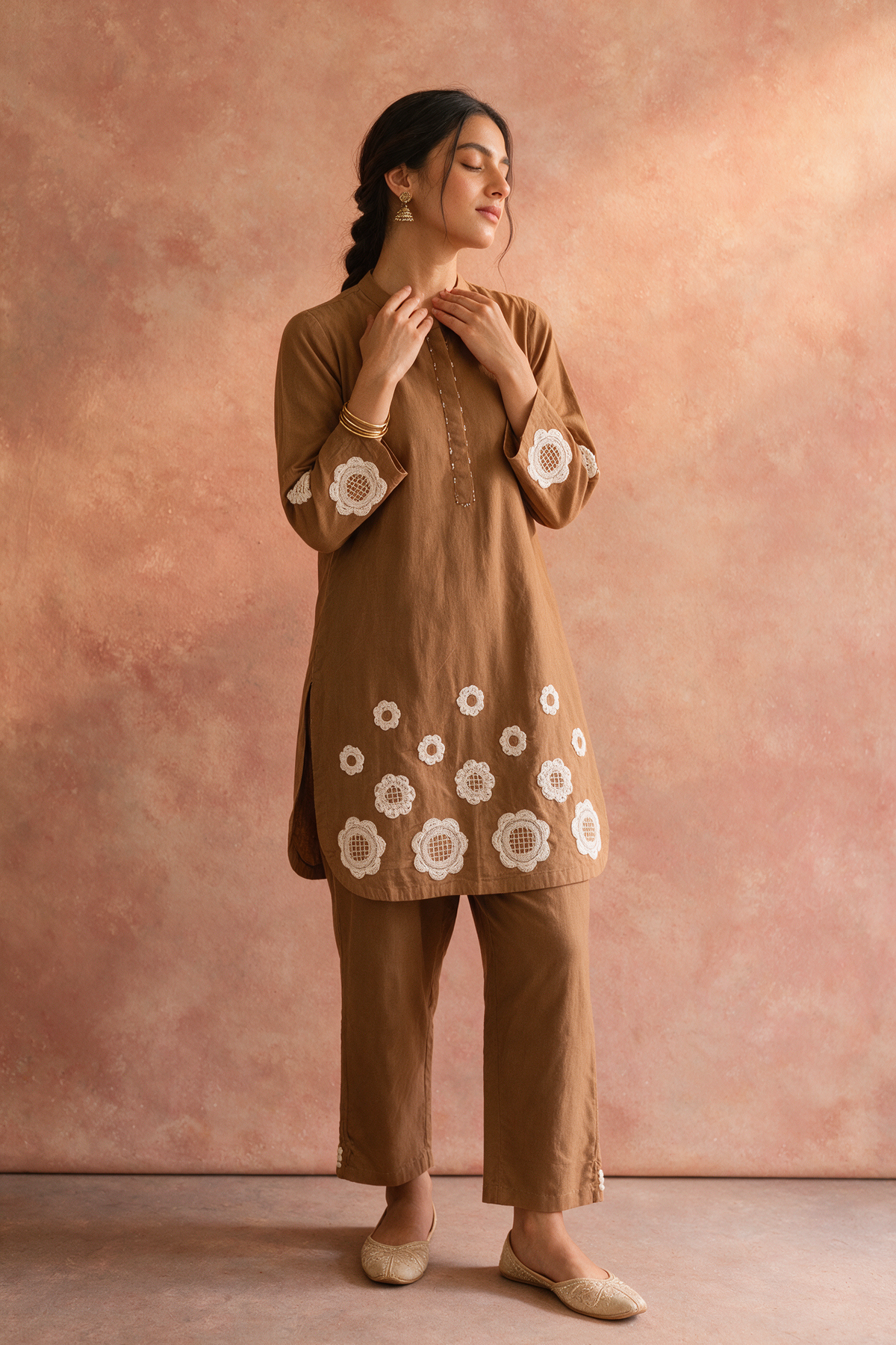 Warm Camel Brown Appliqué Khadi Cotton Kurta/Co-ord Set