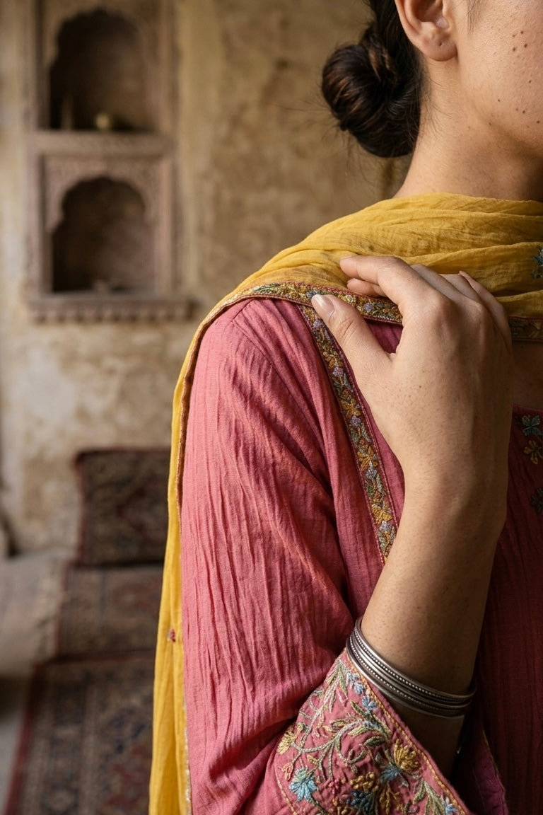 Rose Pink Mul-Chanderi Embroidered Suit Set