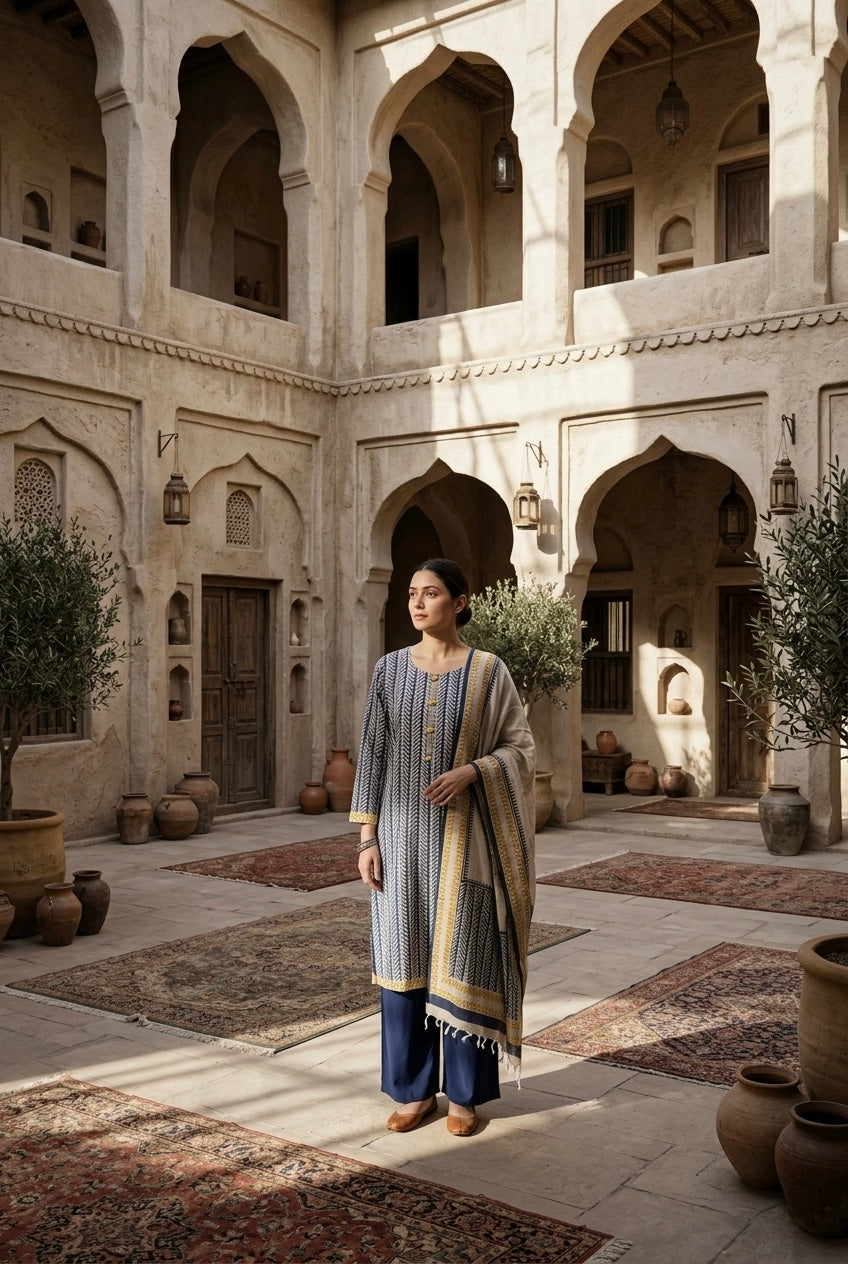Indigo Mustard Handblock Printed Linen Suit Set