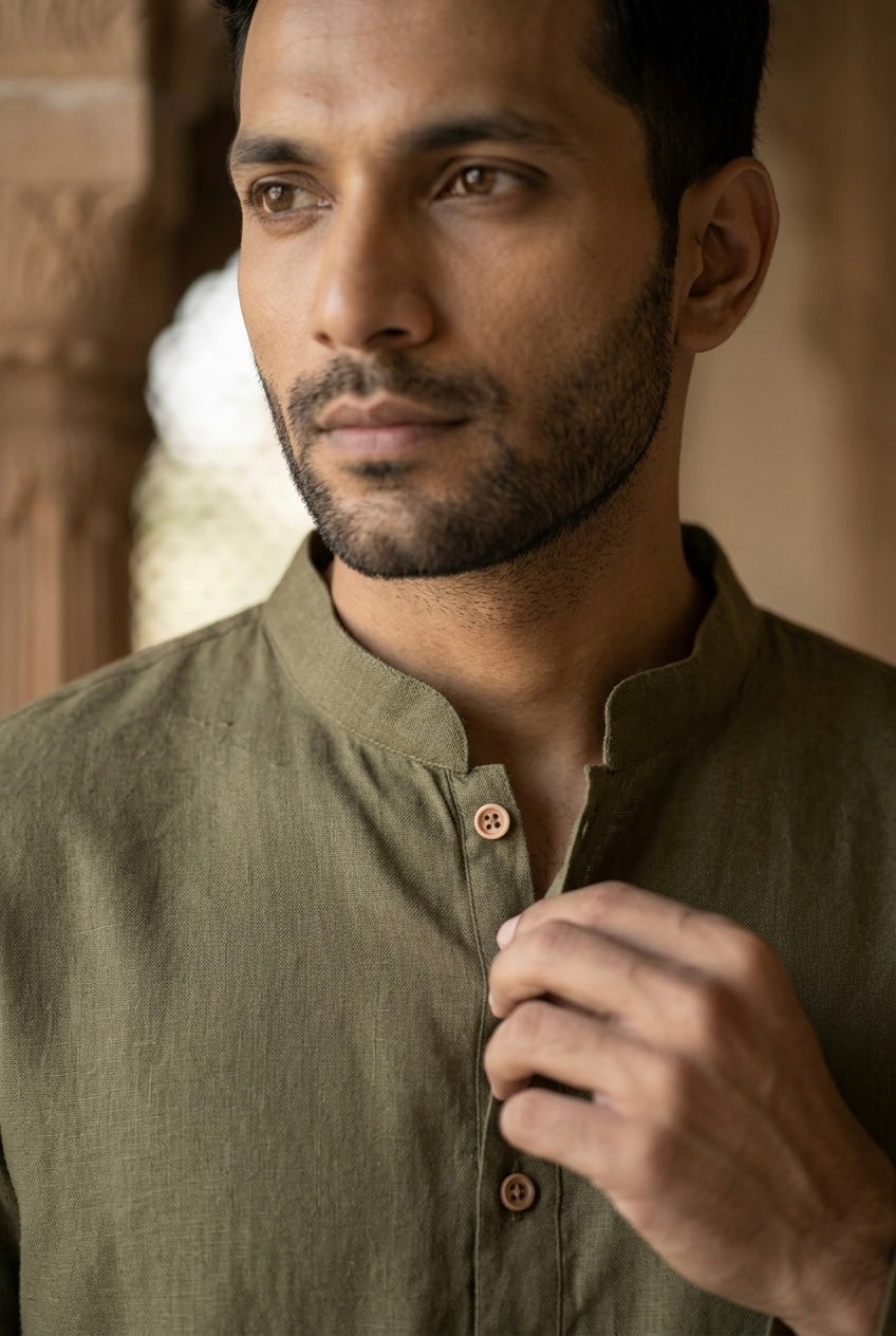 Men’s Pure Linen Kurta Pajama Set – Olive Green