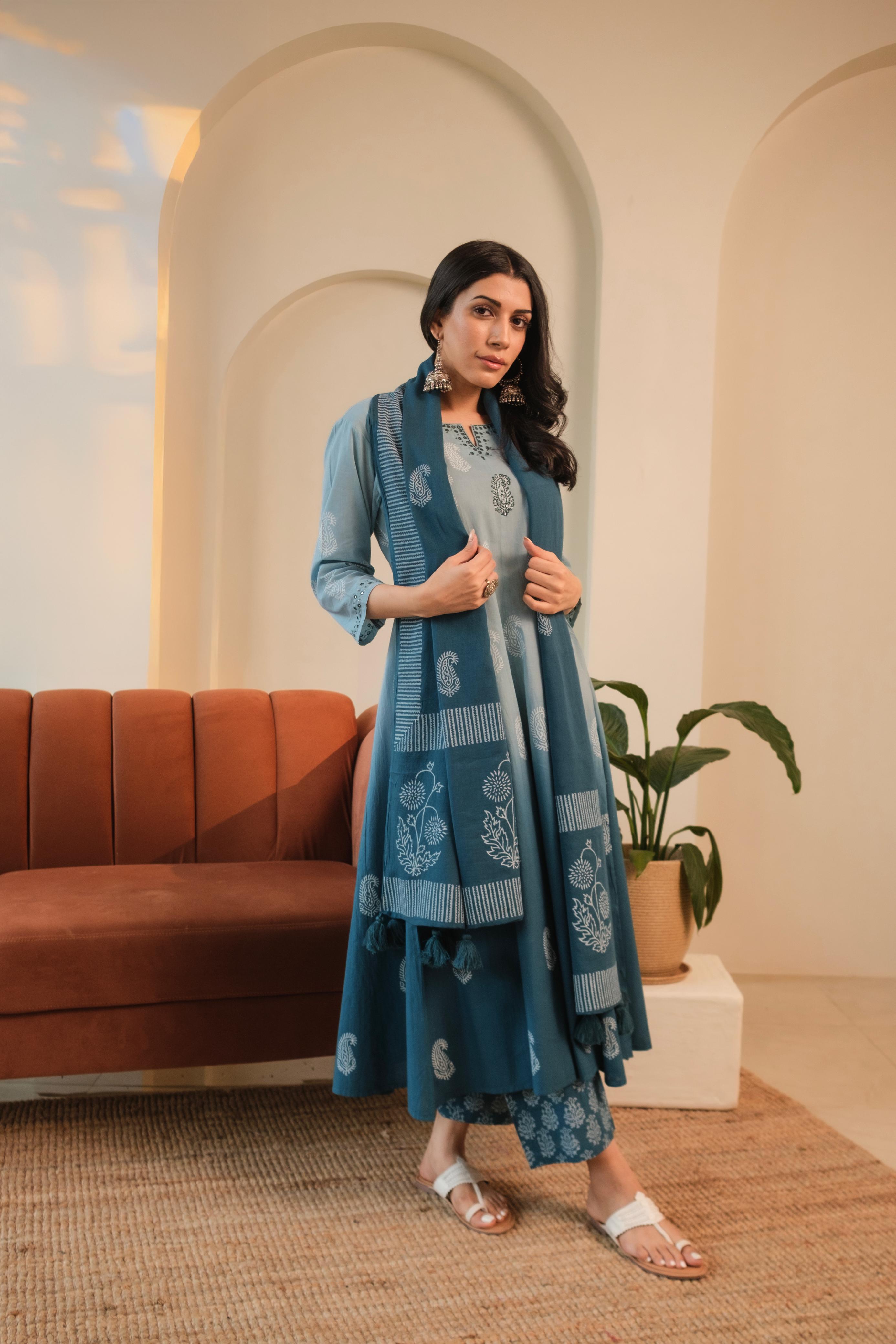 Ombré Blue A-Line Suit Set, with Palazzo Pants | HER-545