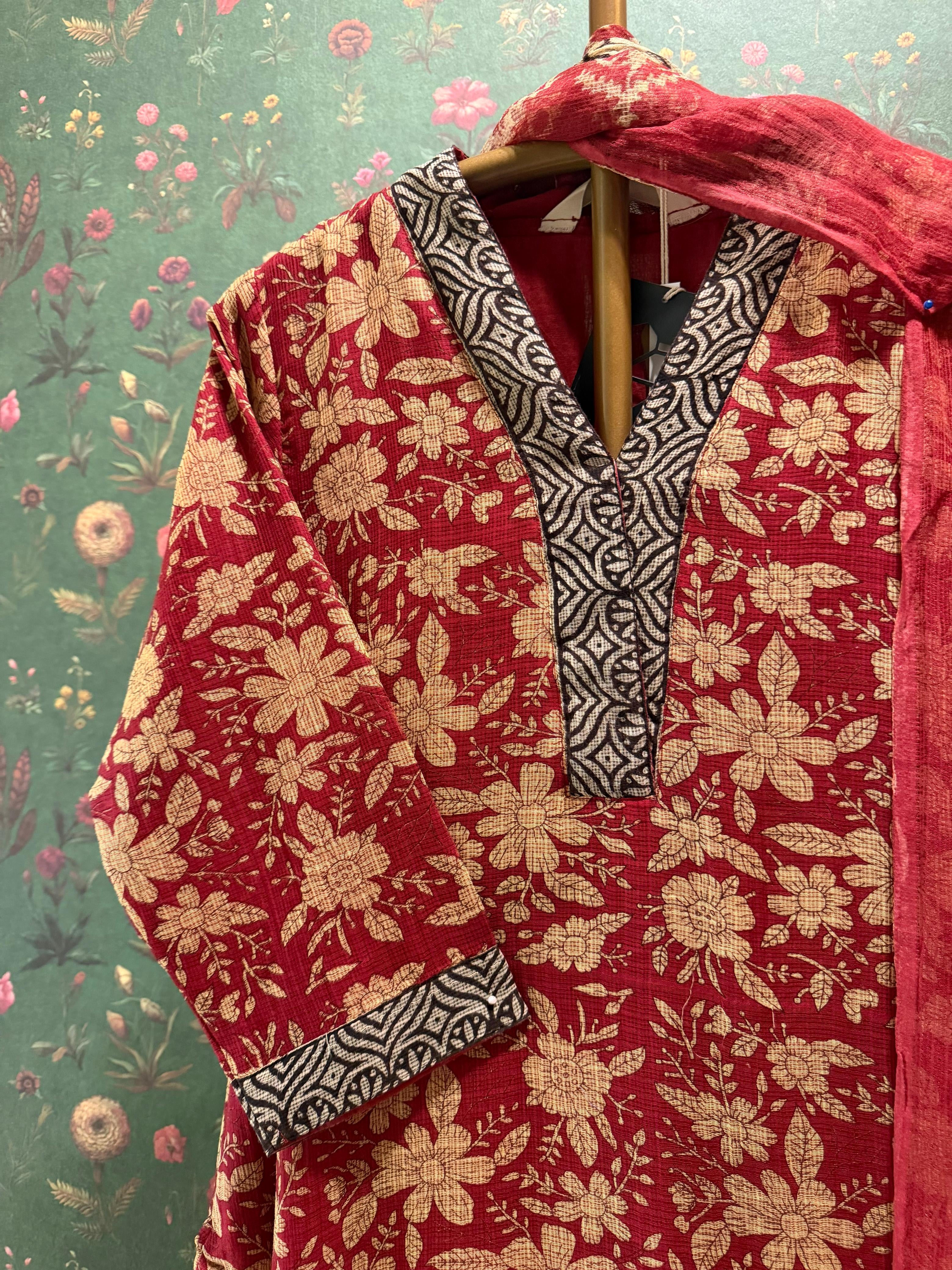 Crimson Red Floral Printed Kota Doria Suit Set, with Kota Doria Dupatta | HER-755